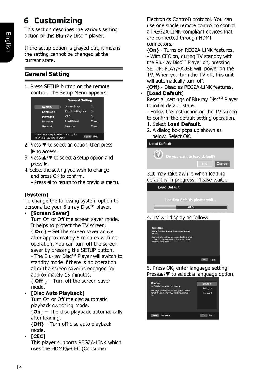 Toshiba BDX1200KU owner manual Customizing, General Setting 