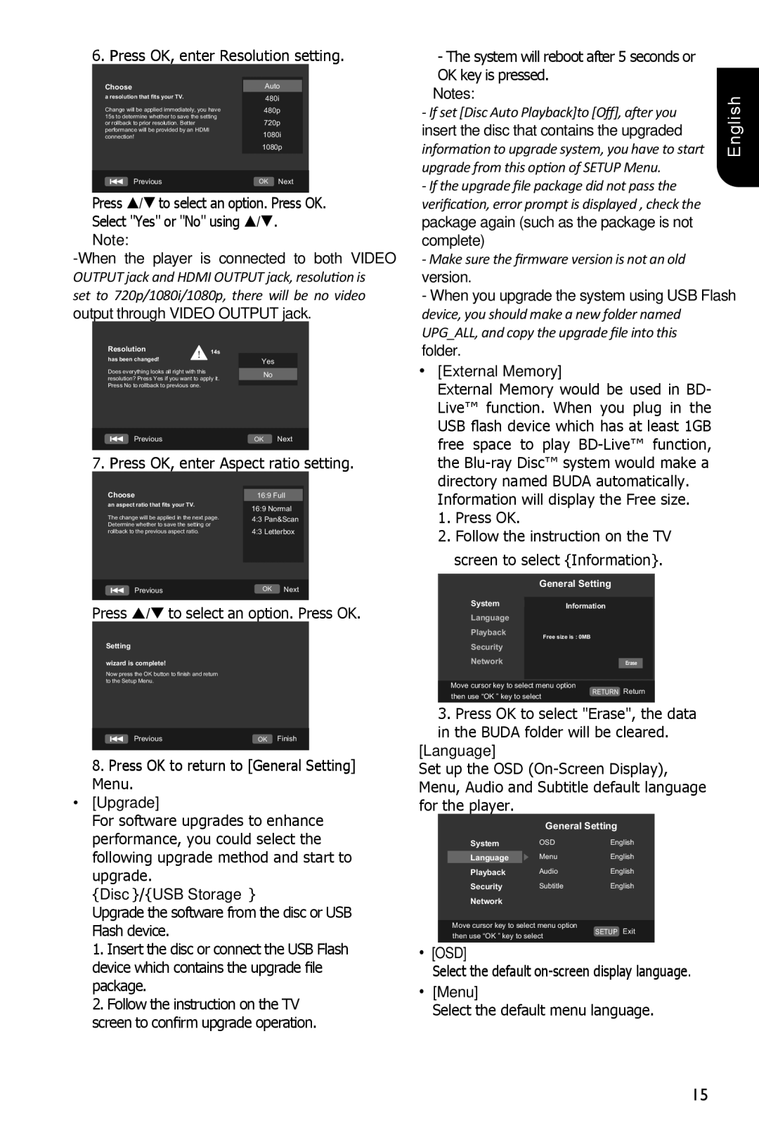 Toshiba BDX1200KU Press OK, enter Resolution setting, Press OK, enter Aspect ratio setting, Disc/USB Storage, Language 