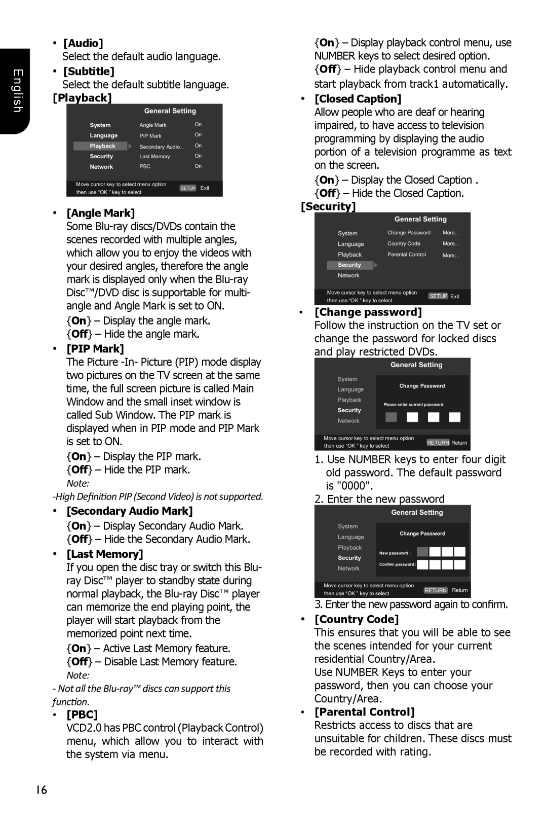 Toshiba BDX1200KU Subtitle, Playback, Angle Mark, PIP Mark, Secondary Audio Mark, Last Memory, Pbc, Closed Caption 