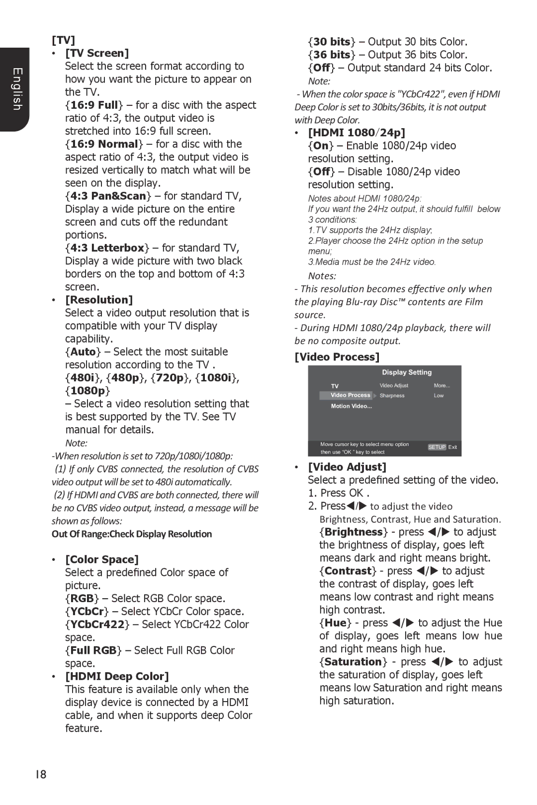 Toshiba BDX1200KU TV Screen, Resolution, Color Space, Hdmi Deep Color, Hdmi 1080/24p, Video Process, Video Adjust 