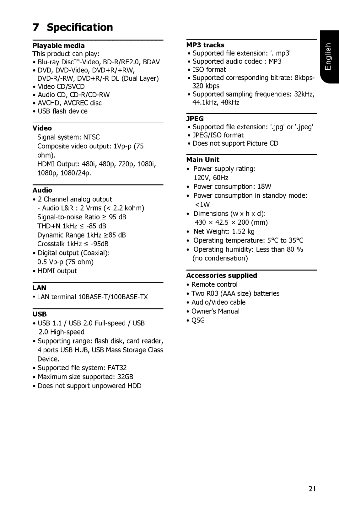 Toshiba BDX1200KU owner manual Specification, Lan, Usb, Jpeg 