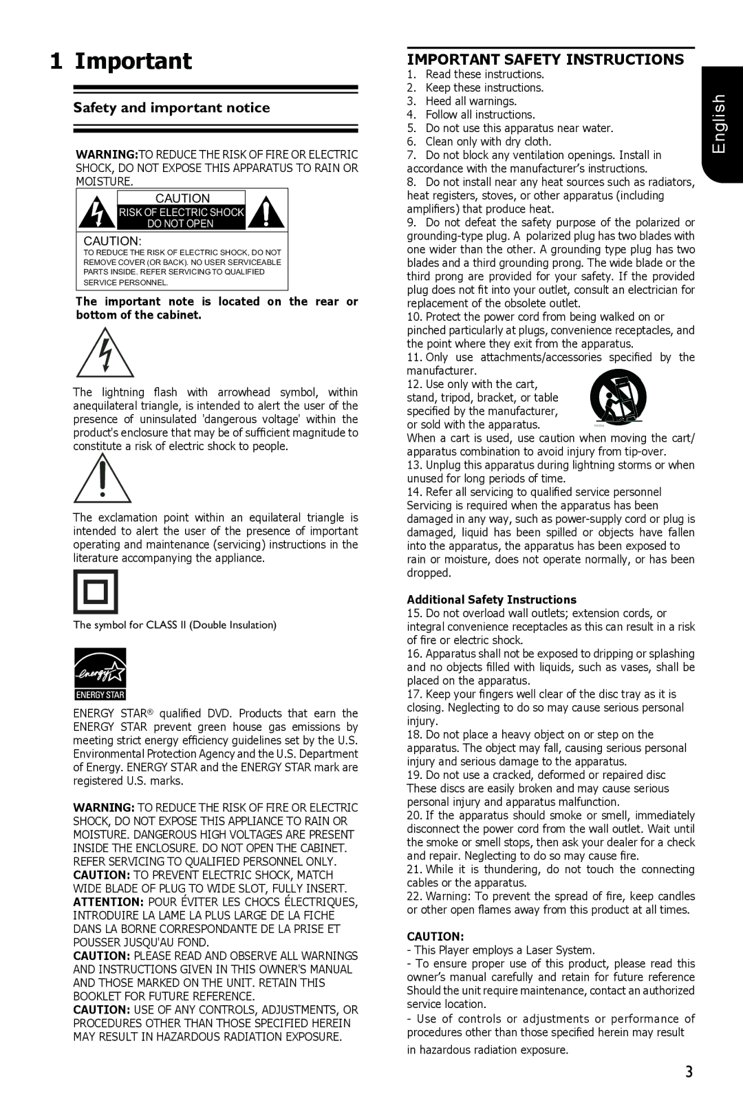 Toshiba BDX1200KU owner manual Safety and important notice, Important Safety Instructions 