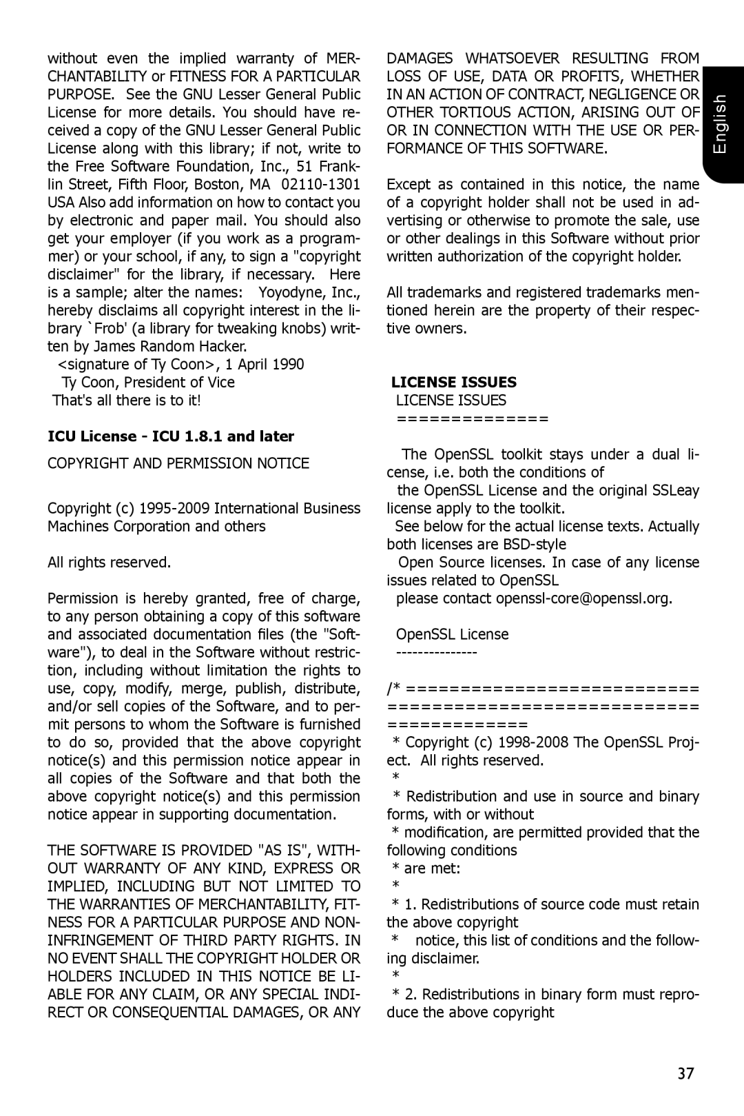 Toshiba BDX1200KU owner manual ICU License ICU 1.8.1 and later, Copyright and Permission Notice, License Issues 