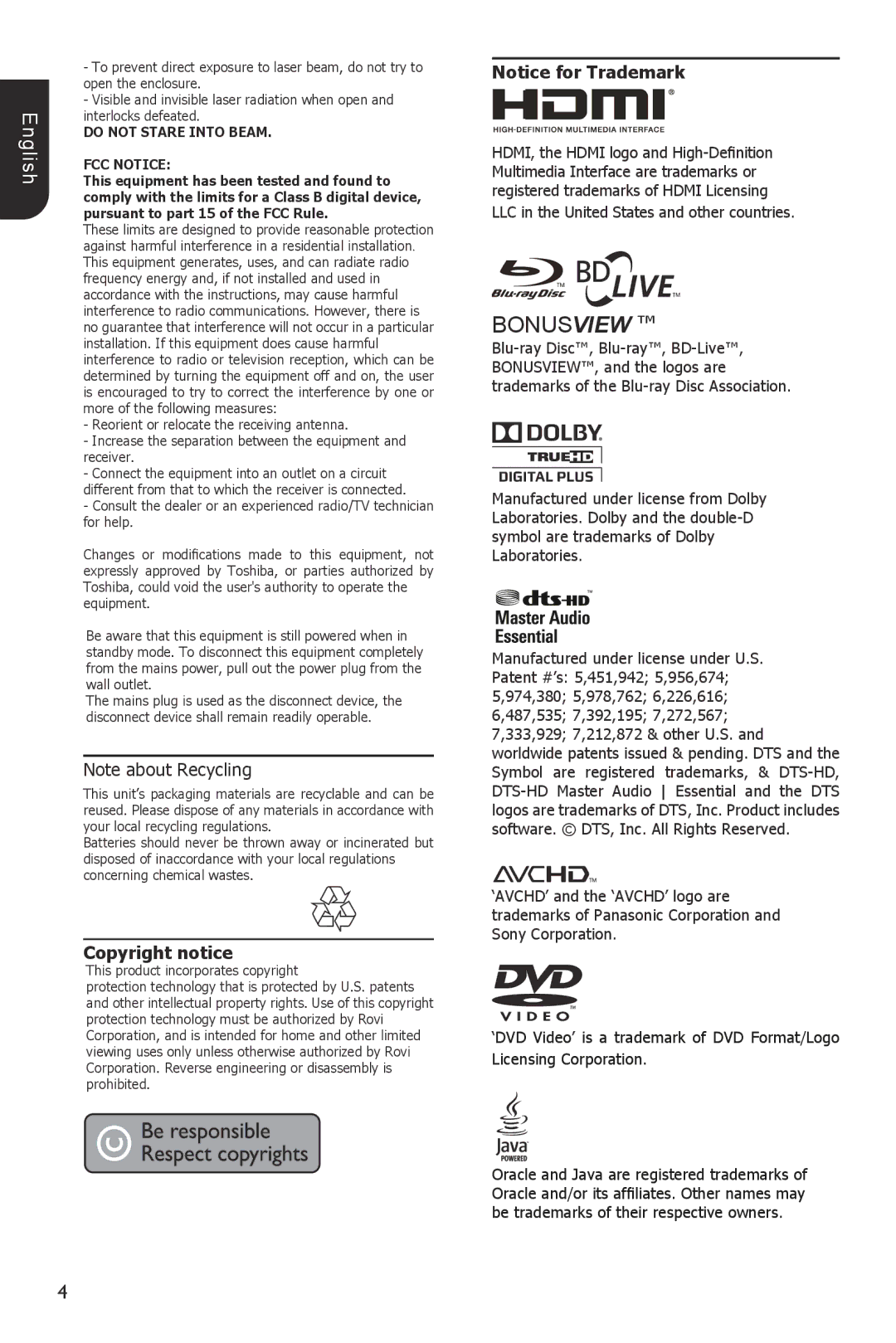 Toshiba BDX1200KU owner manual Copyright notice, Do not Stare Into Beam FCC Notice 