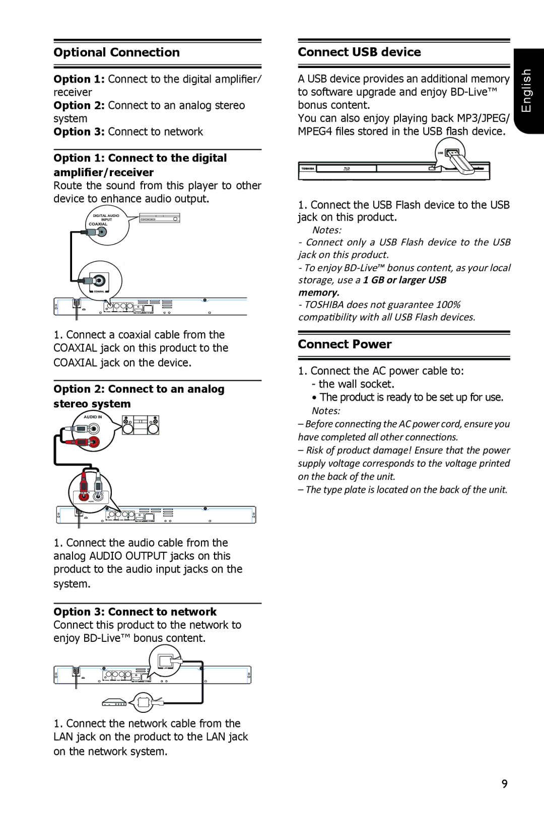 Toshiba BDX1200KU Optional Connection, Connect USB device, Connect Power, Option 2 Connect to an analog stereo system 
