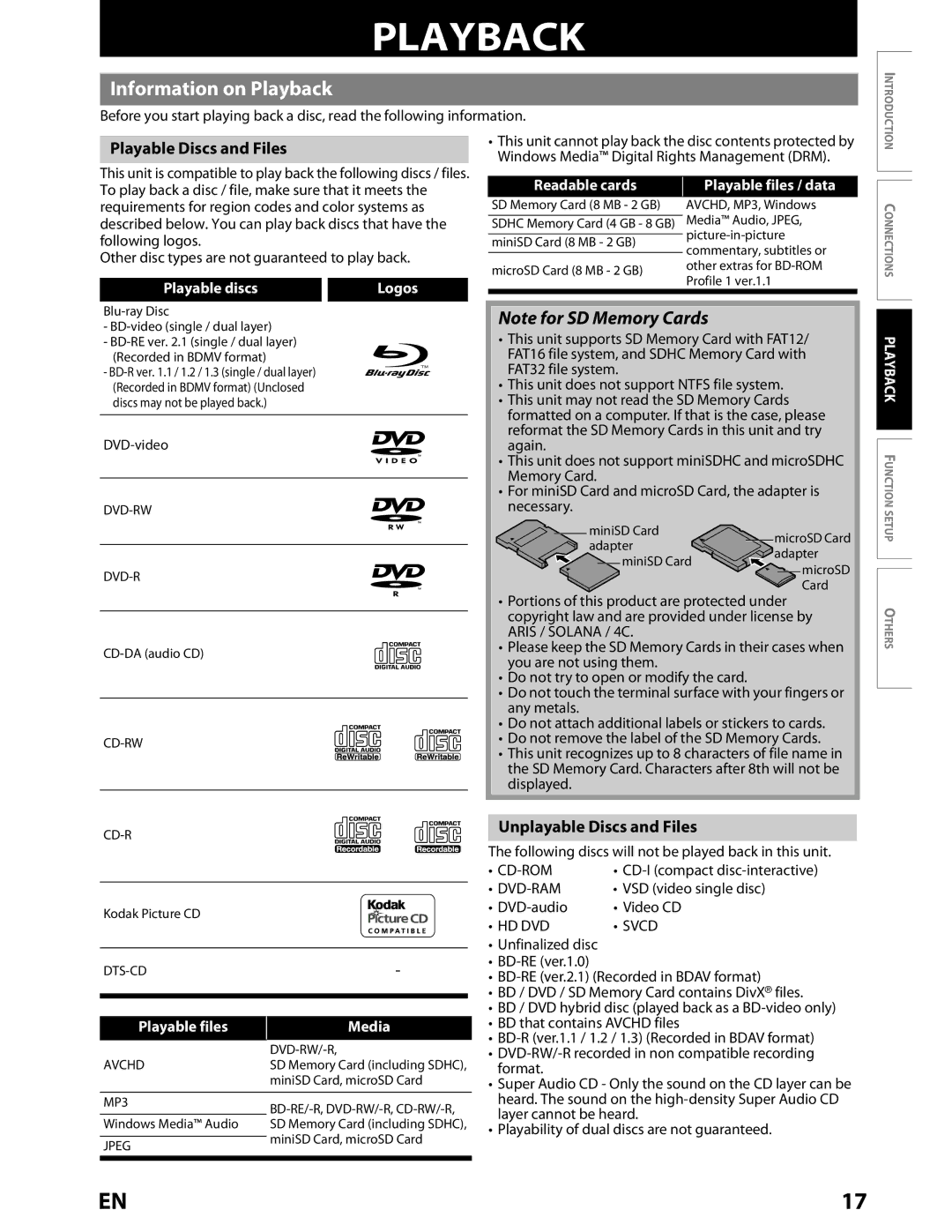 Toshiba BDX2000KU owner manual Information on Playback, Playable Discs and Files, Unplayable Discs and Files 