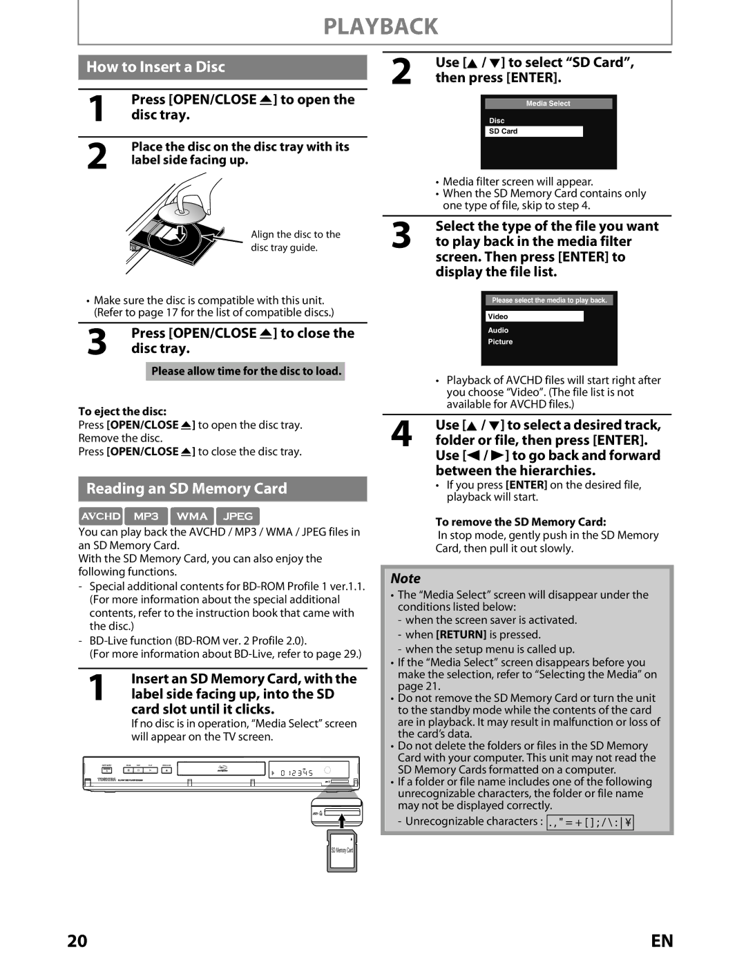 Toshiba BDX2000KU owner manual How to Insert a Disc, Reading an SD Memory Card 