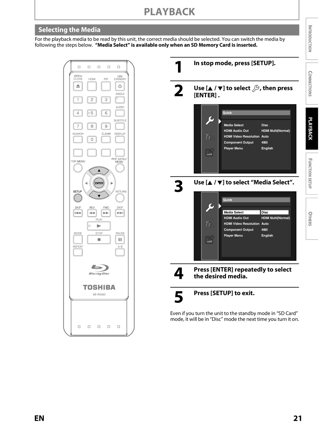 Toshiba BDX2000KU owner manual Selecting the Media, Desired media, Press Setup to exit 