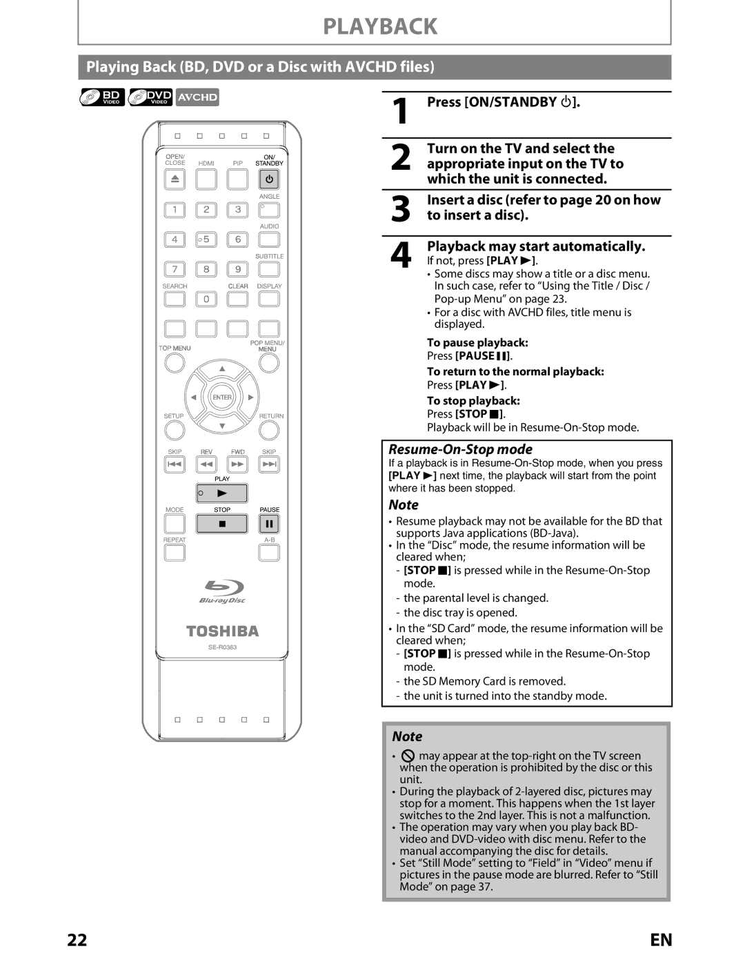 Toshiba BDX2000KU Playing Back BD, DVD or a Disc with Avchd files, To insert a disc, Playback may start automatically 