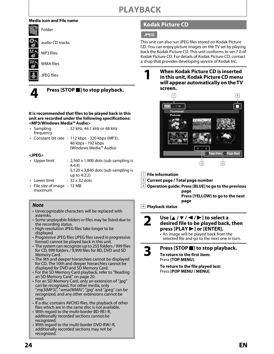 Toshiba BDX2000KU owner manual Kodak Picture CD, Press Stop C to stop playback 