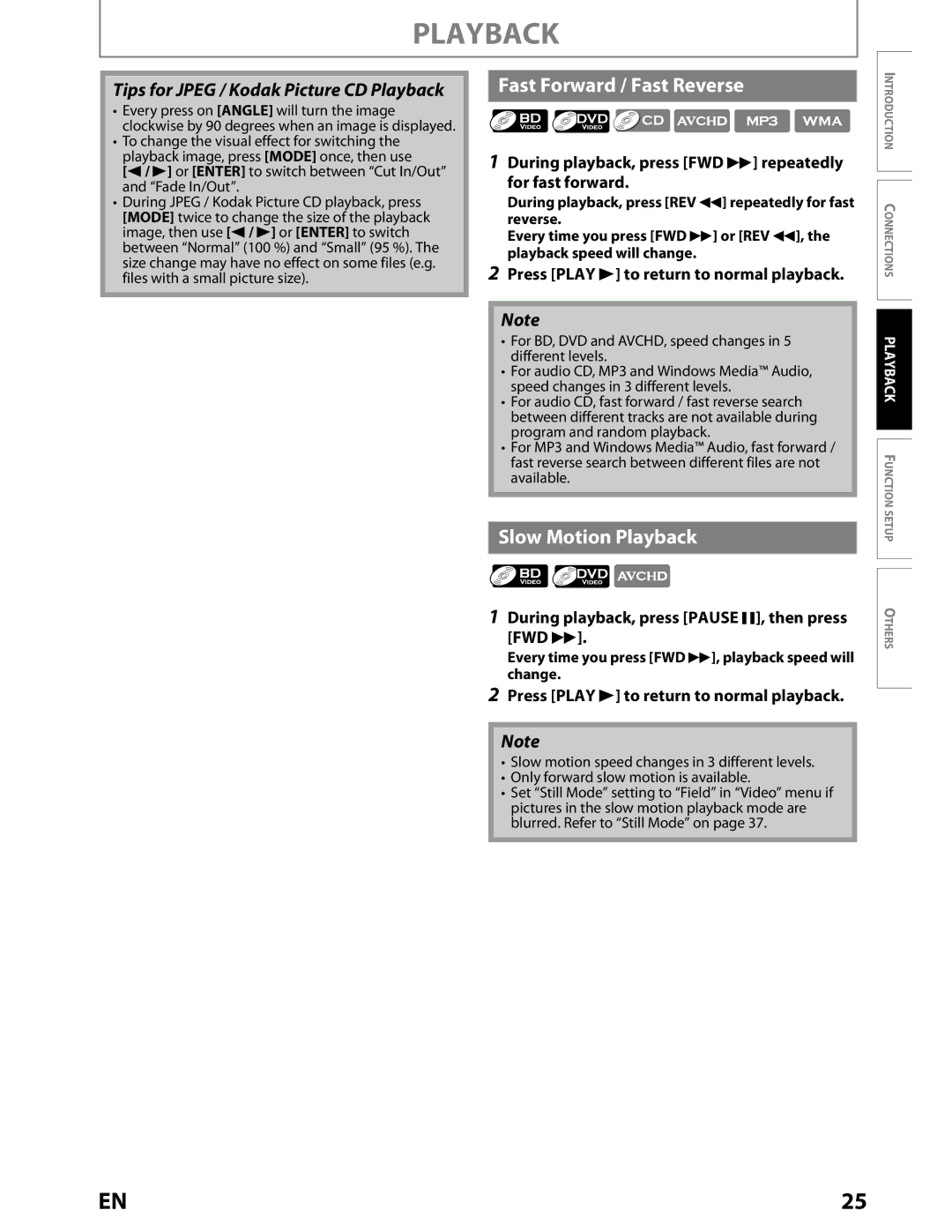 Toshiba BDX2000KU owner manual Fast Forward / Fast Reverse, Slow Motion Playback, Press Play B to return to normal playback 