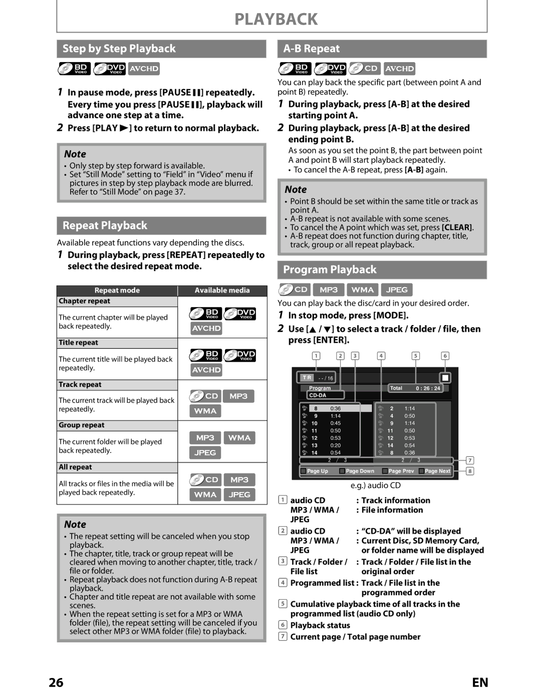 Toshiba BDX2000KU owner manual Step by Step Playback, Repeat Playback, Program Playback, Track information MP3 / WMA 