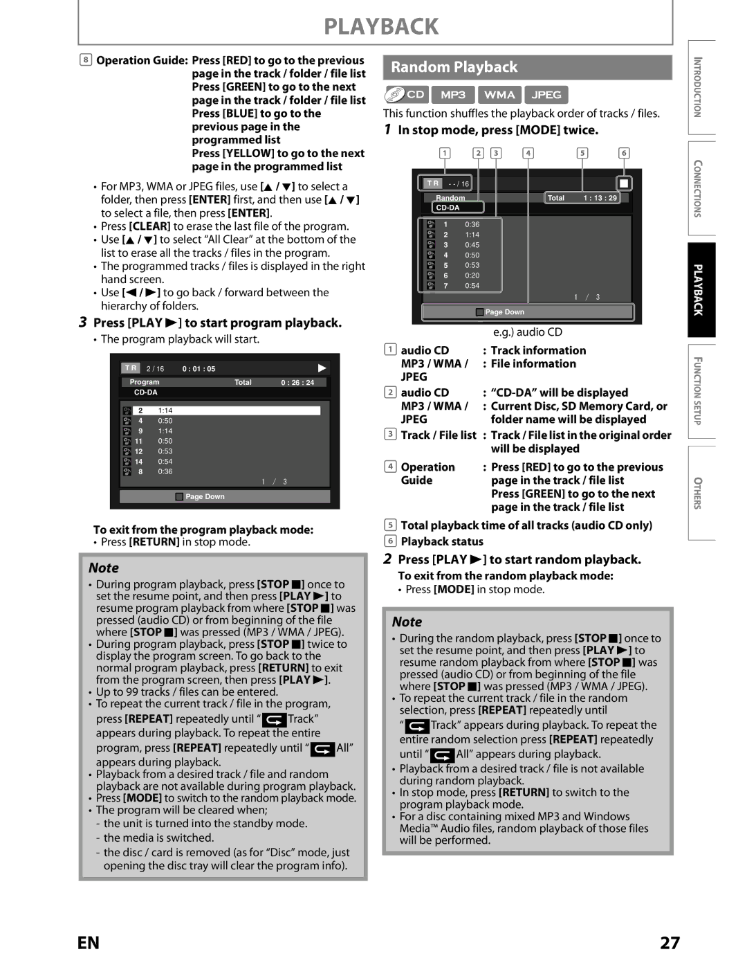 Toshiba BDX2000KU owner manual Random Playback, Press Play B to start program playback, Stop mode, press Mode twice 