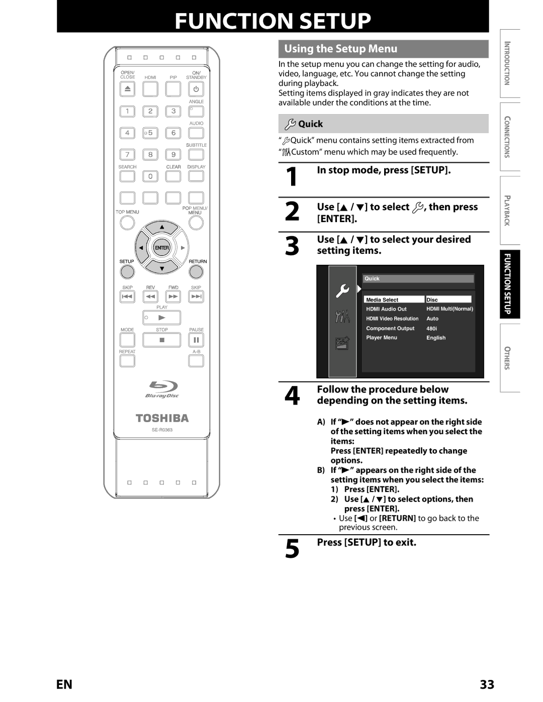 Toshiba BDX2000KU owner manual Using the Setup Menu, Stop mode, press Setup, Use K / L to select , then press, Quick 