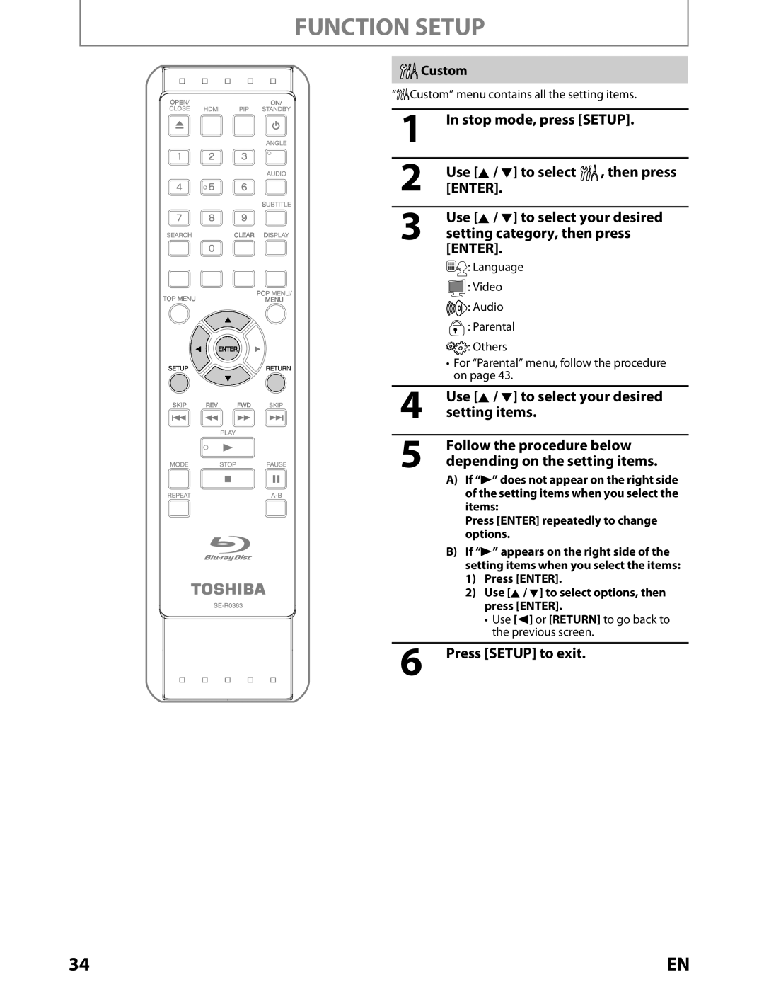 Toshiba BDX2000KU Use K / L to select your desired setting items, Custom menu contains all the setting items 