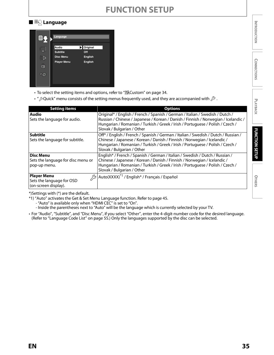 Toshiba BDX2000KU owner manual Setting items Options, Audio, Subtitle, Disc Menu, Player Menu 