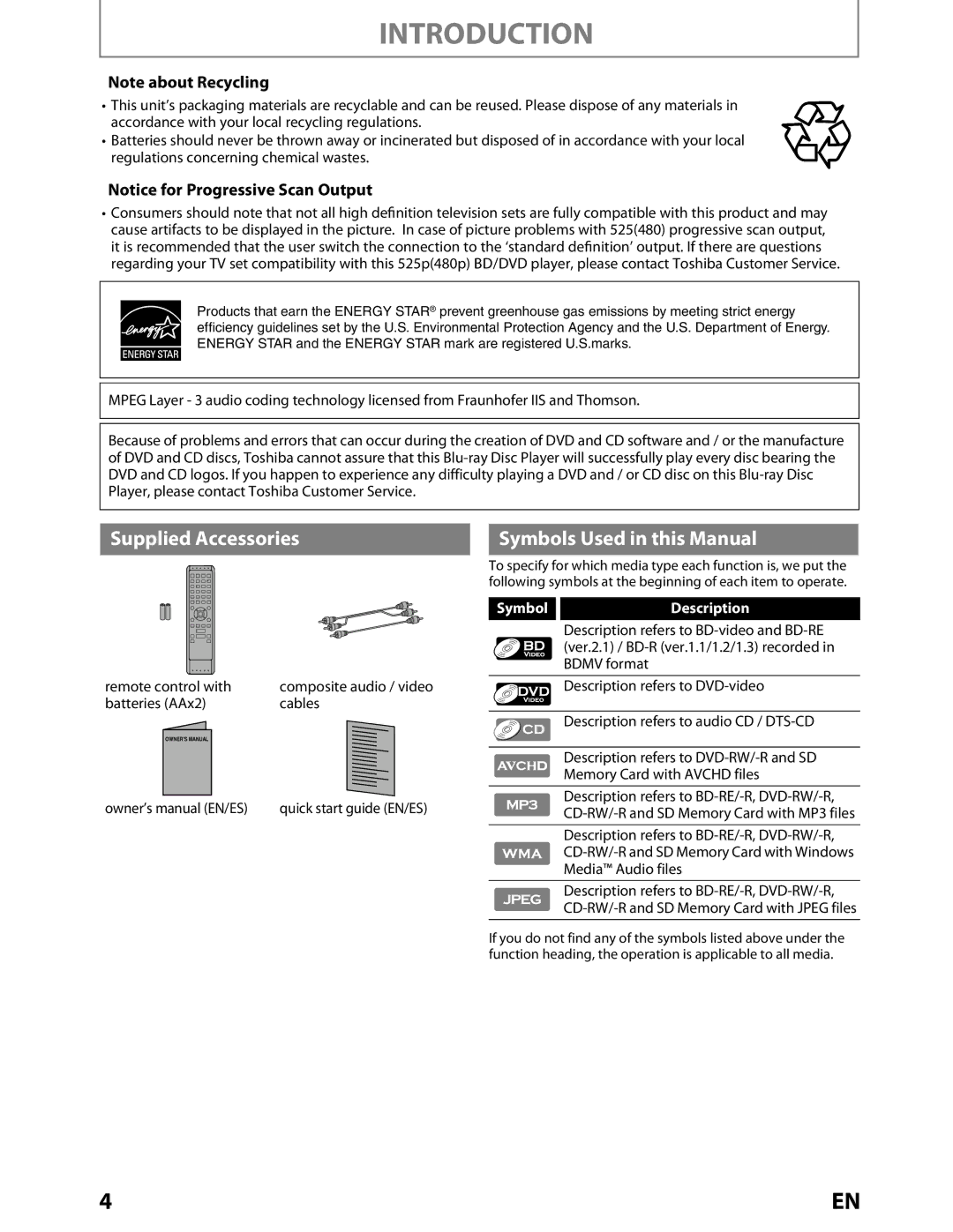 Toshiba BDX2000KU owner manual Supplied Accessories Symbols Used in this Manual, SymbolDescription 