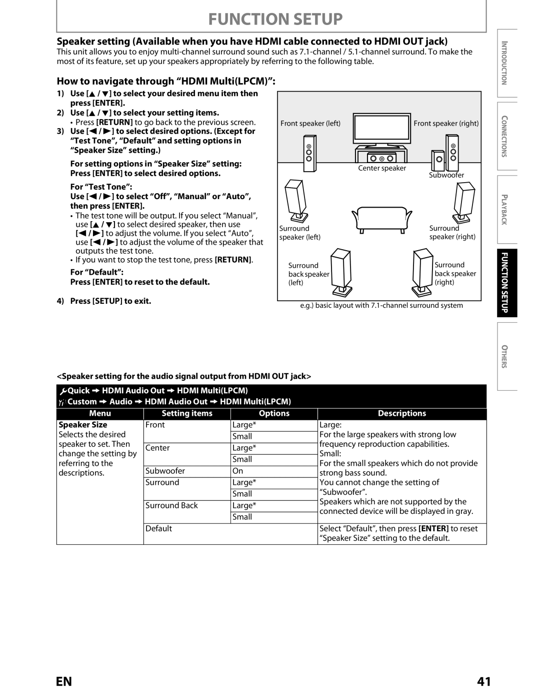 Toshiba BDX2000KU How to navigate through Hdmi MultiLPCM, Press Return to go back to the previous screen, Speaker Size 