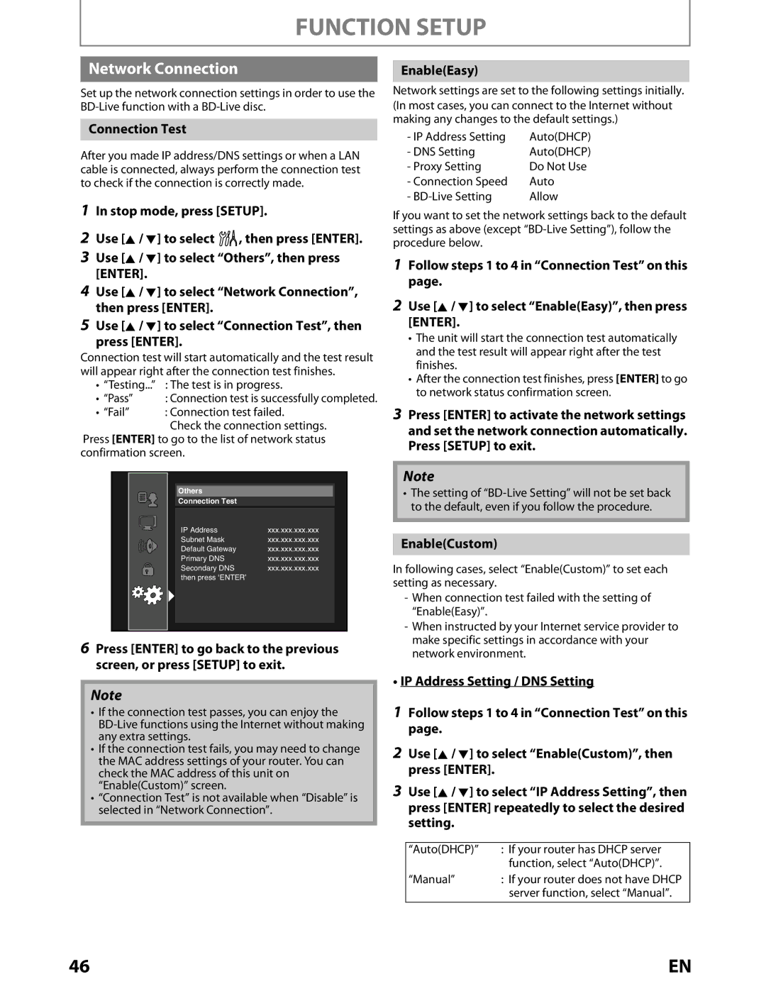 Toshiba BDX2000KU owner manual Network Connection, EnableEasy, Connection Test, EnableCustom 