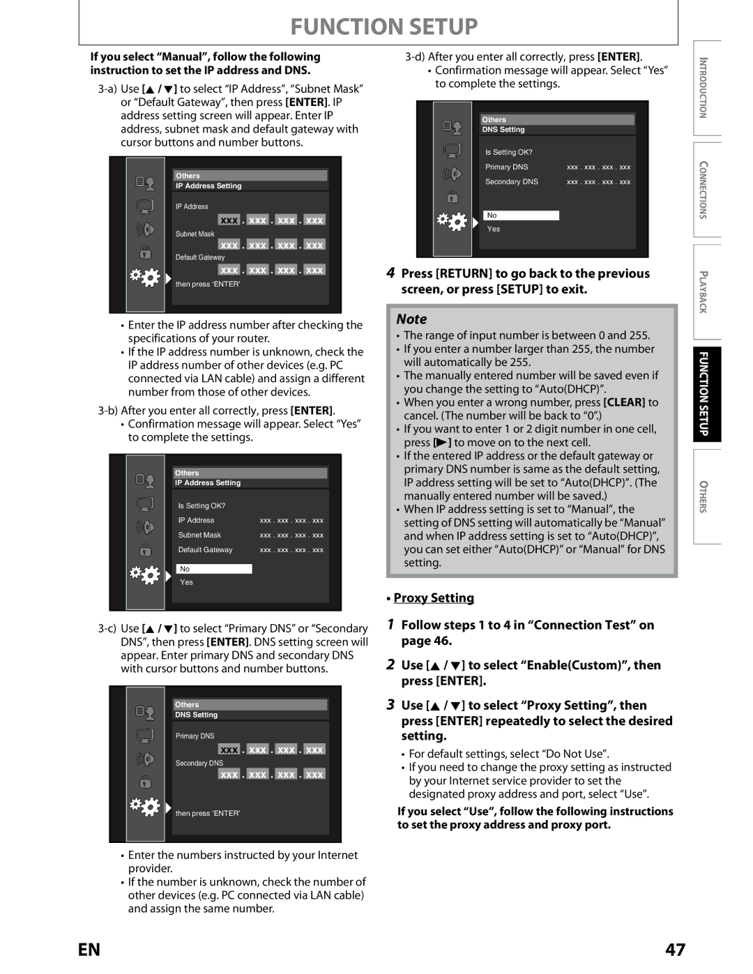 Toshiba BDX2000KU owner manual Proxy Setting, For default settings, select Do Not Use 