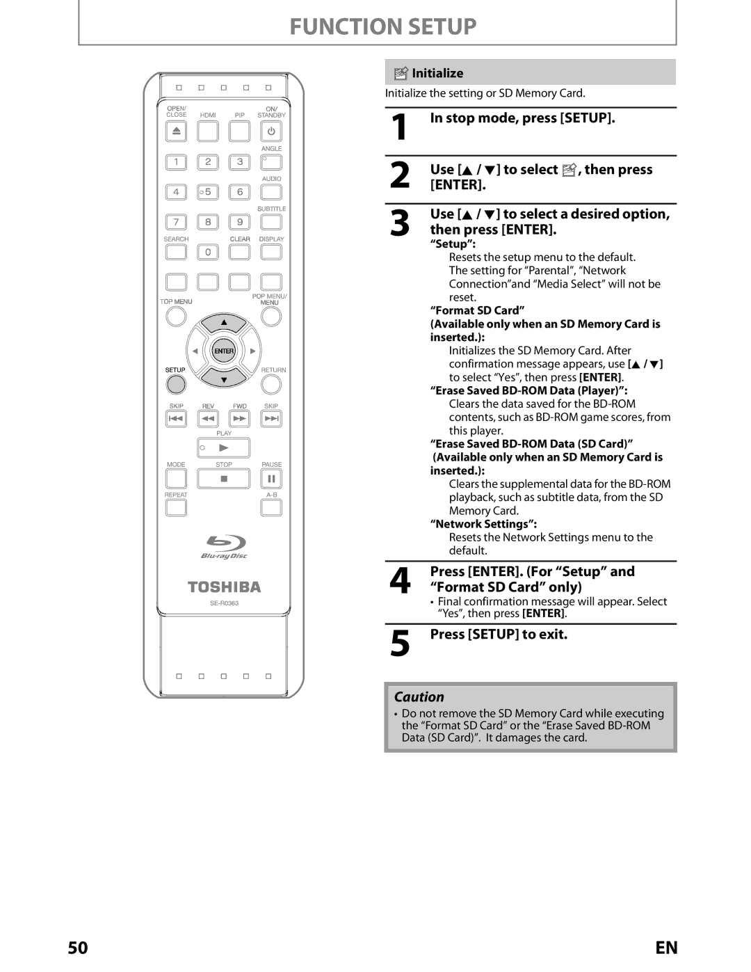 Toshiba BDX2000KU owner manual Then press Enter, Format SD Card only, Initialize 