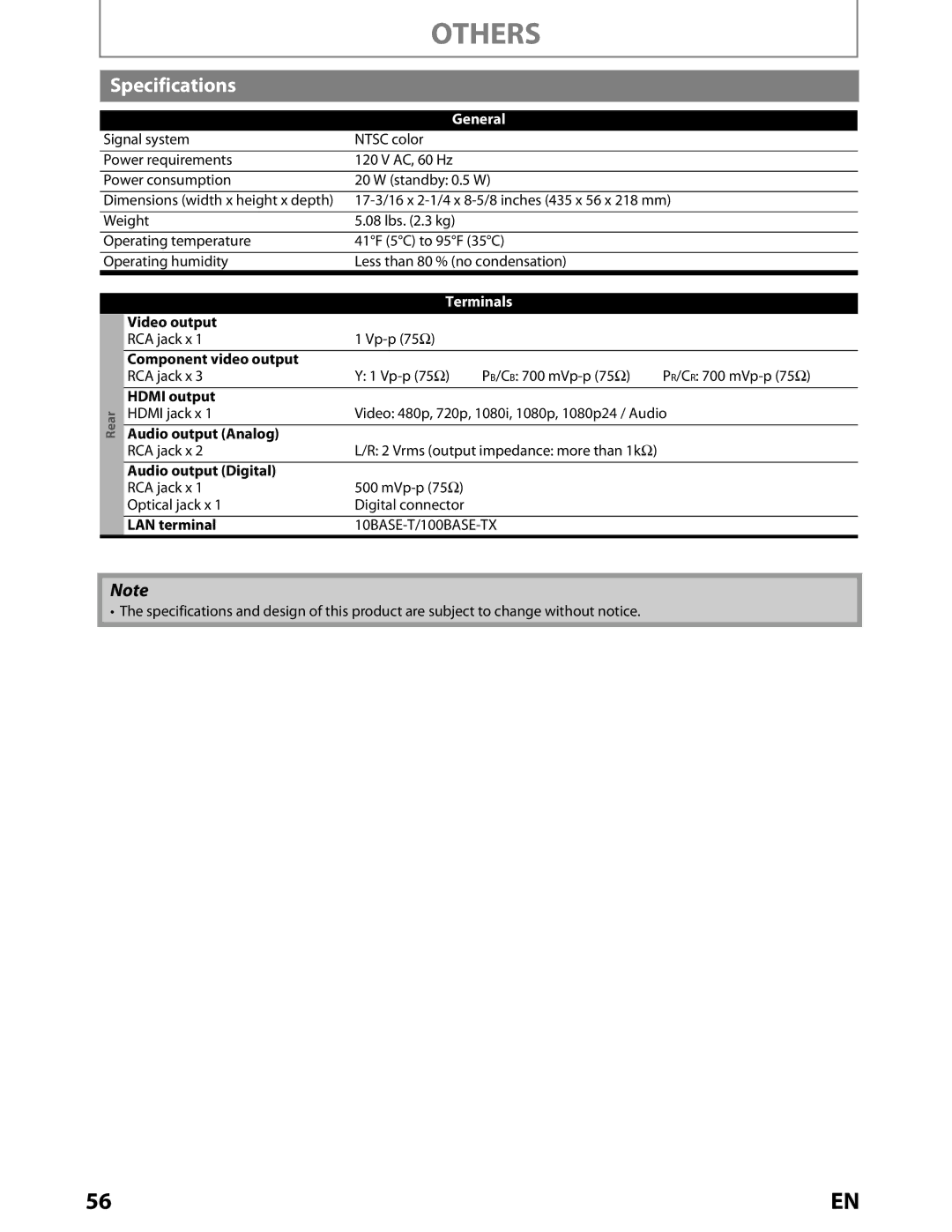 Toshiba BDX2000KU owner manual Specifications, General, Terminals 