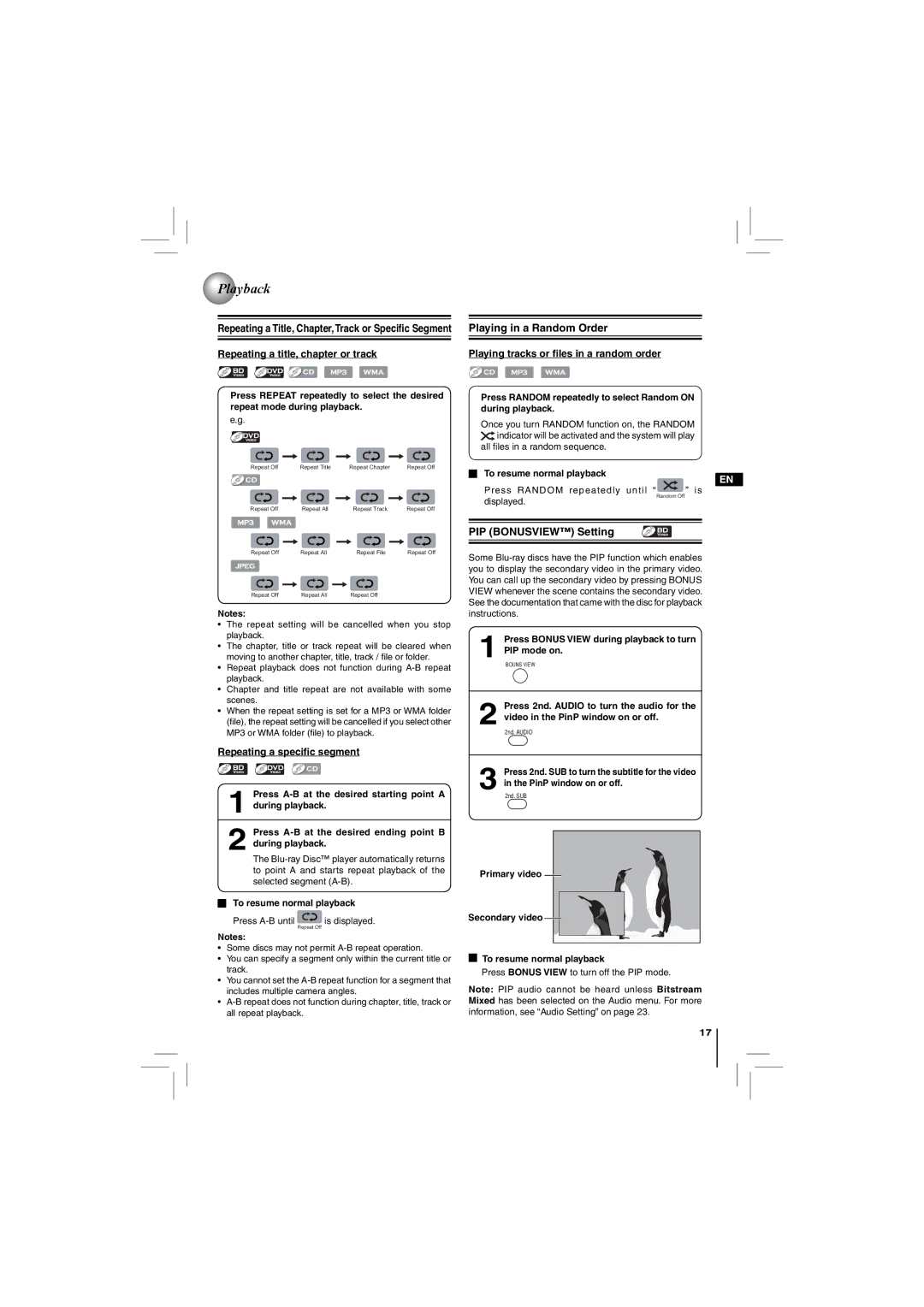 Toshiba BDX2150KC owner manual Repeating a title, chapter or track, PIP Bonusview Setting, Repeating a speciﬁc segment 