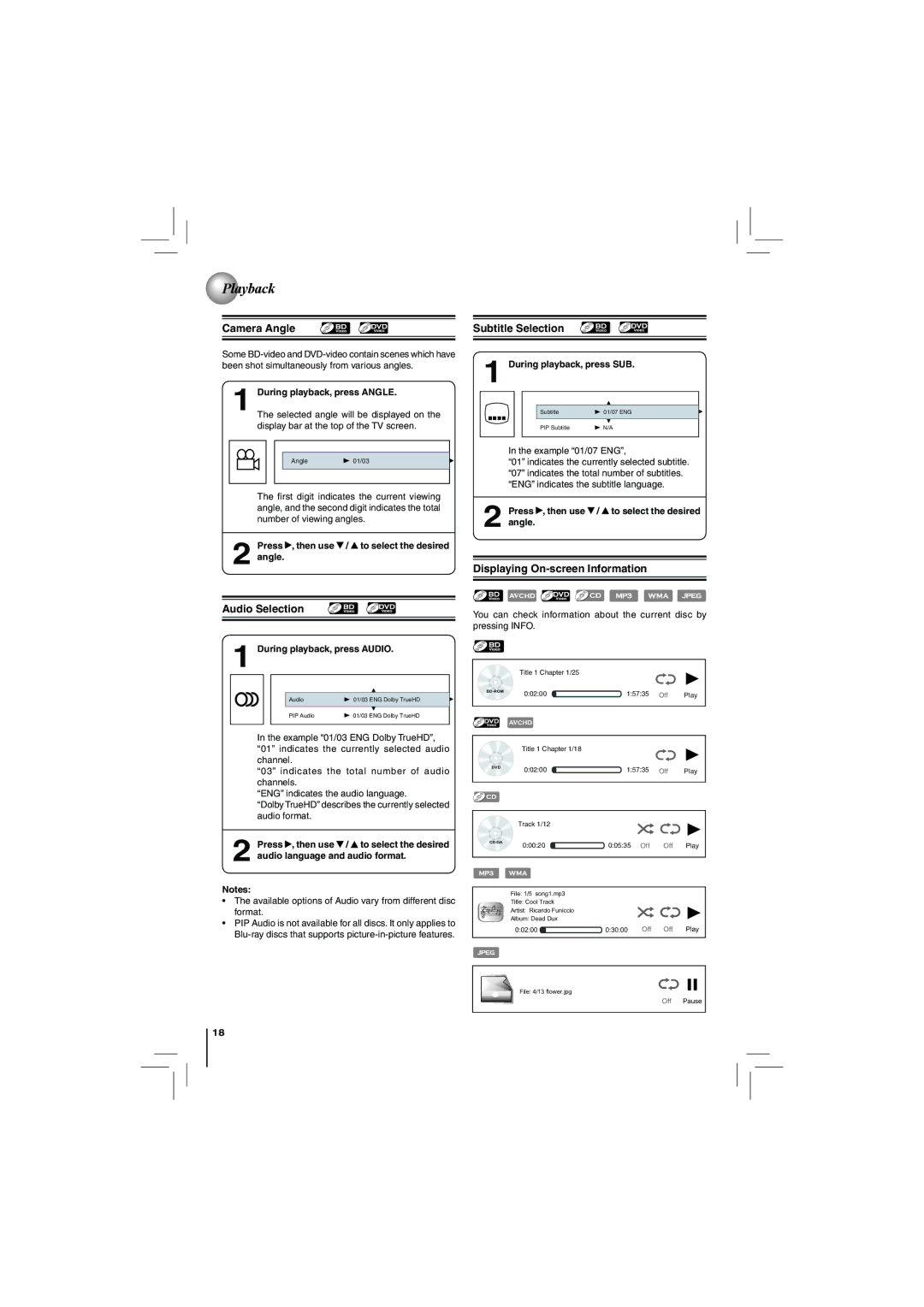 Toshiba BDX2150KC owner manual Camera Angle, Audio Selection, Subtitle Selection, Displaying On-screen Information 