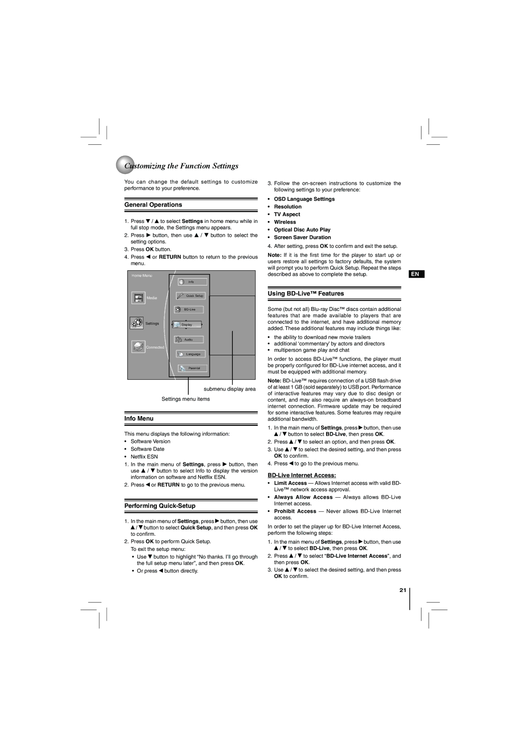 Toshiba BDX2150KC owner manual Customizing the Function Settings 