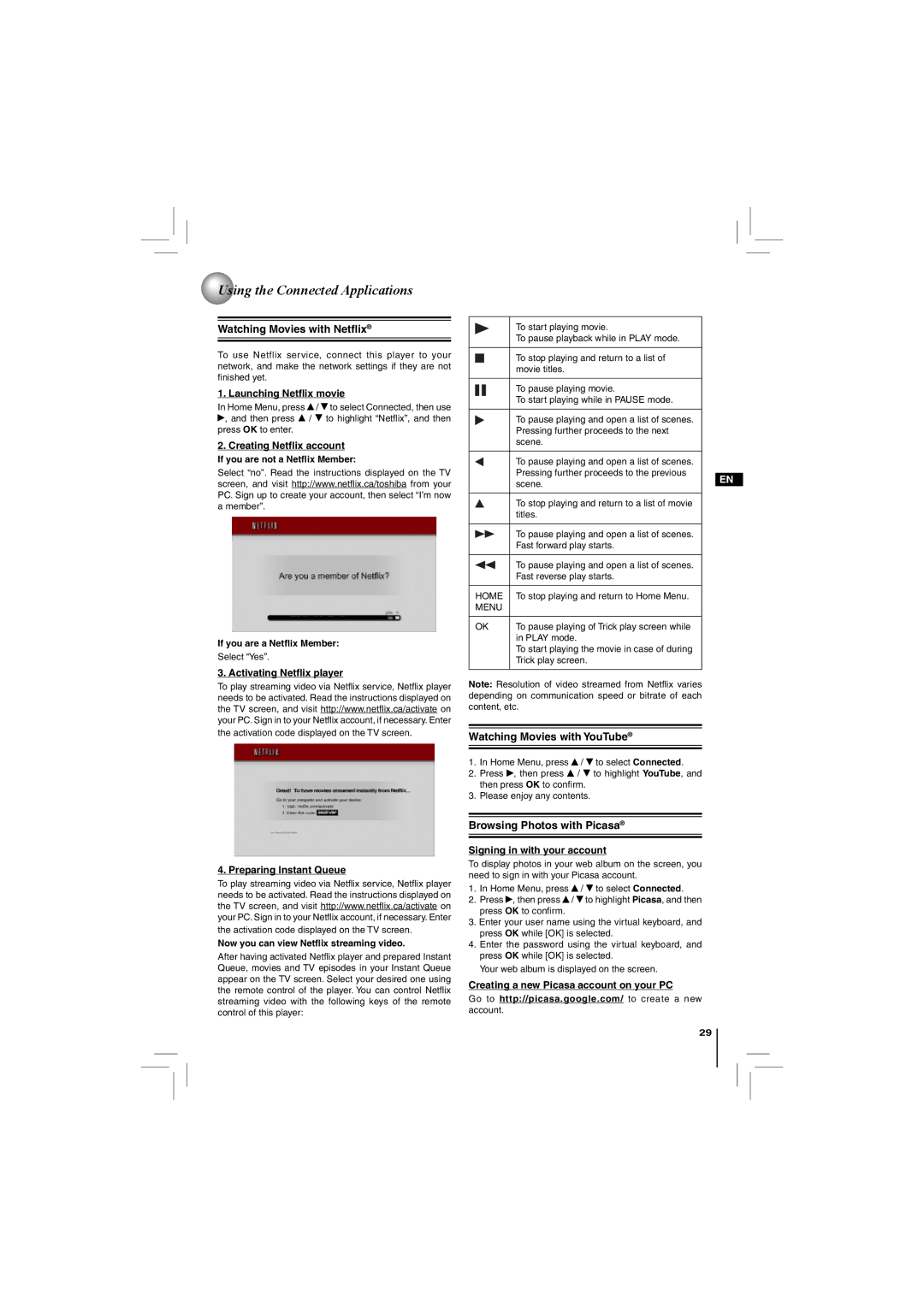 Toshiba BDX2150KC owner manual Using the Connected Applications 