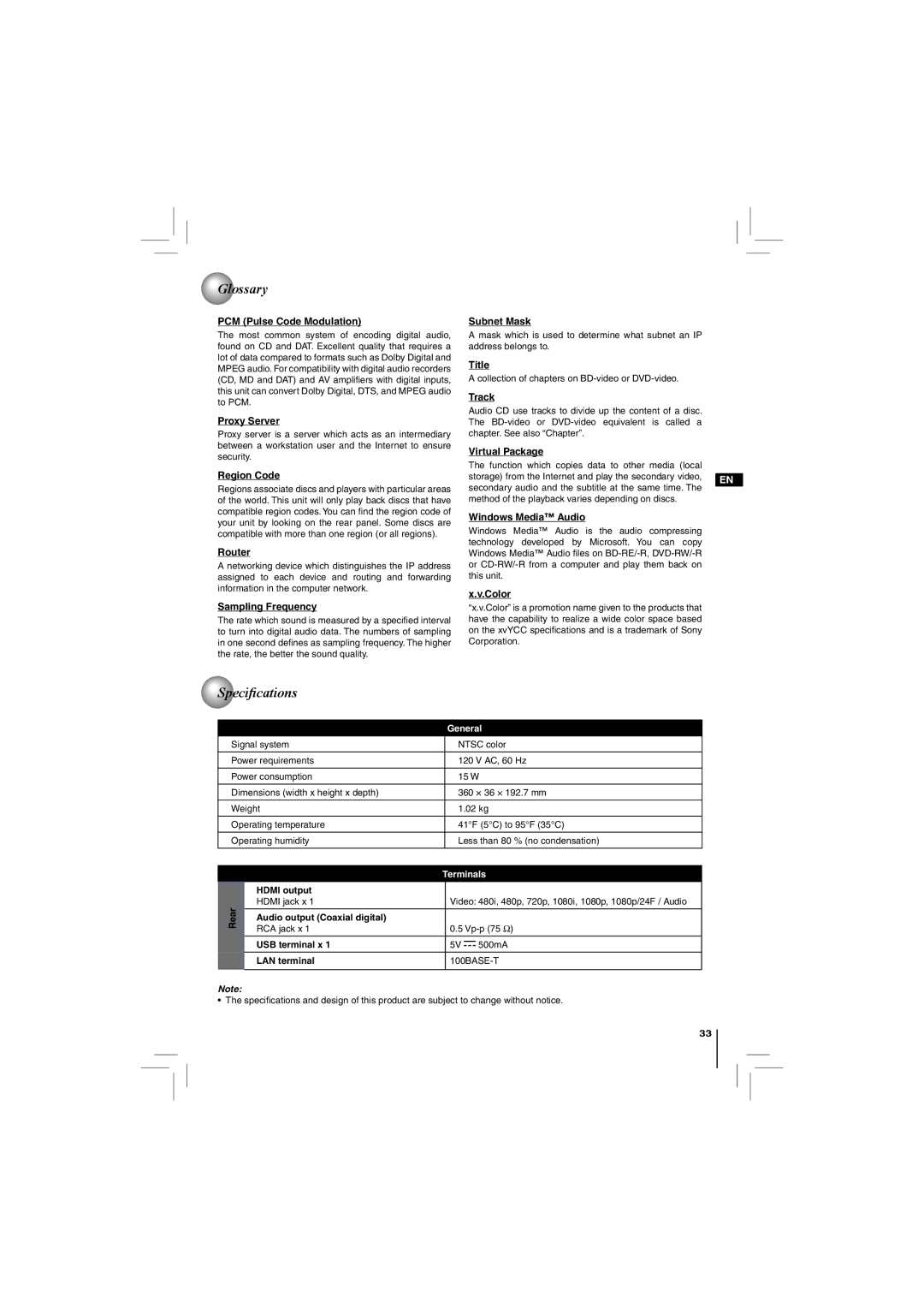 Toshiba BDX2150KC owner manual Speciﬁ cations 