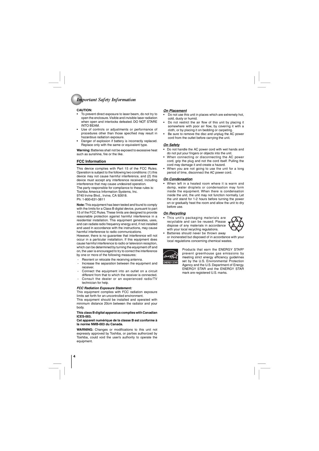 Toshiba BDX2150KC owner manual FCC Information, FCC Radiation Exposure Statement 