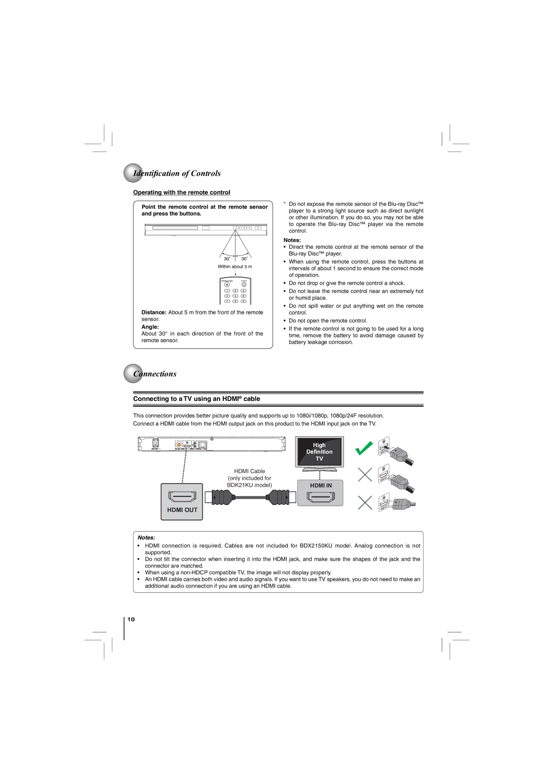 Toshiba BDX2150KU, BDK21KU Connections, Operating with the remote control, Connecting to a TV using an Hdmi cable, Angle 