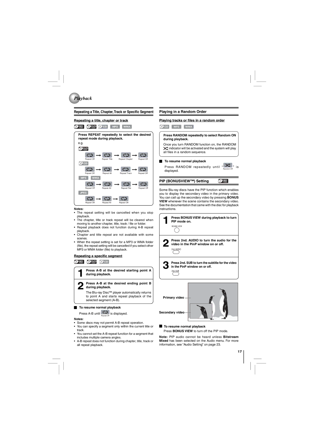 Toshiba BDK21KU, BDX2150KU Repeating a title, chapter or track, PIP Bonusview Setting, Repeating a speciﬁc segment 