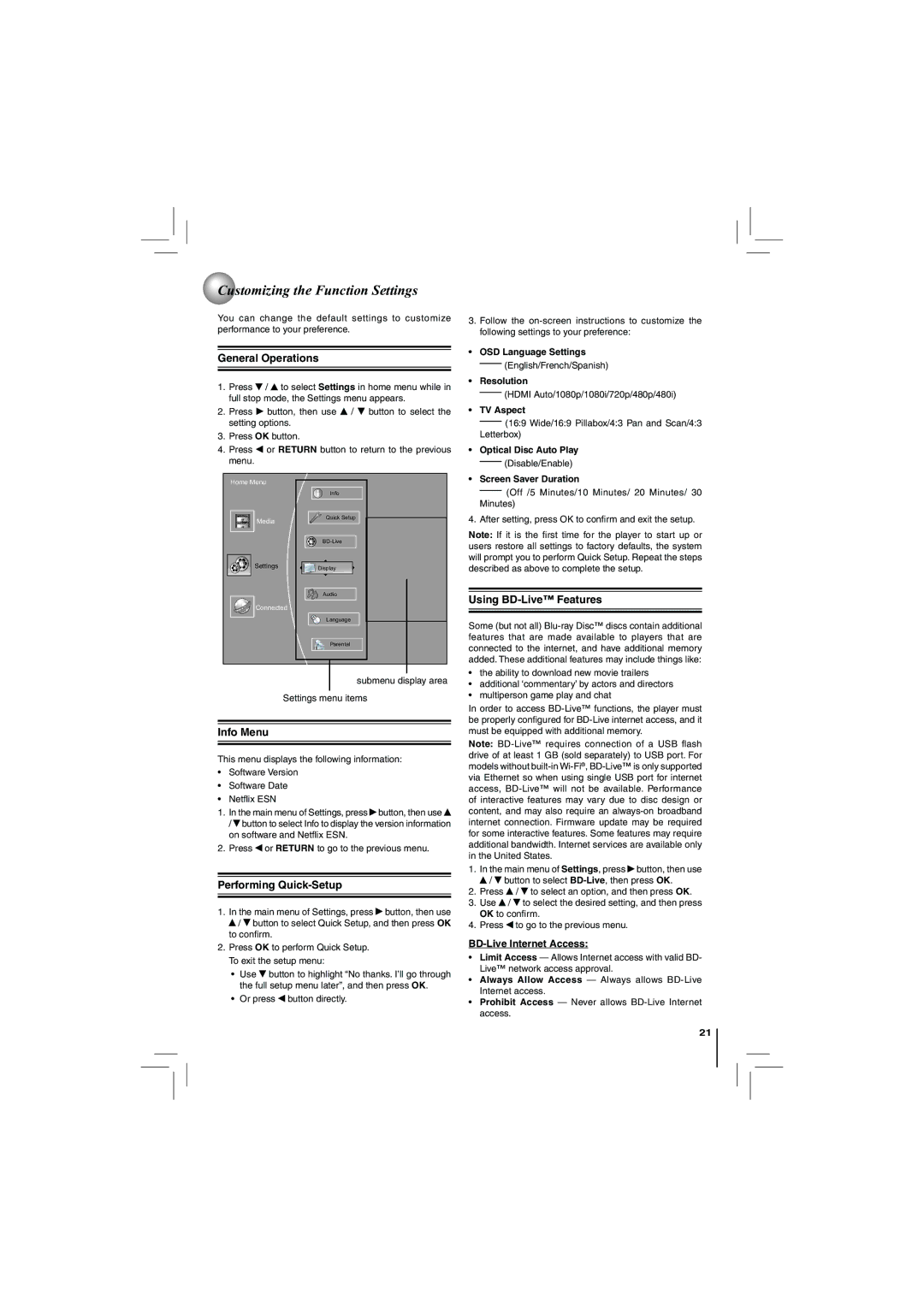 Toshiba BDK21KU, BDX2150KU owner manual Customizing the Function Settings 