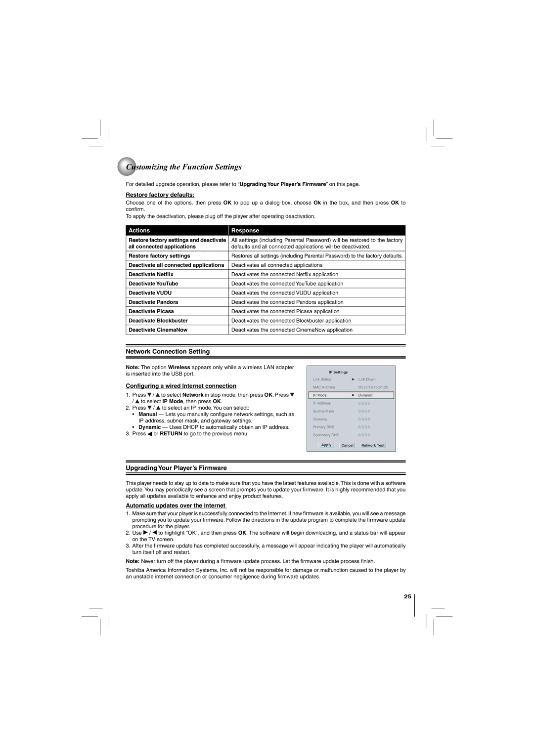 Toshiba BDK21KU, BDX2150KU Restore factory defaults, Upgrading Your Player’s Firmware, Automatic updates over the Internet 
