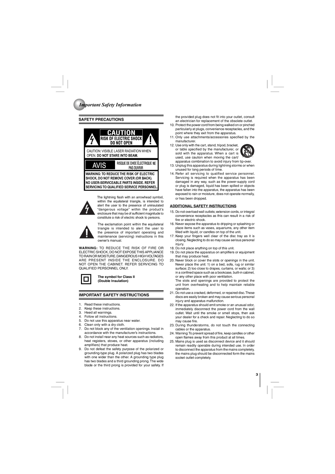 Toshiba BDK21KU, BDX2150KU owner manual Important Safety Information, Symbol for Class II Double lnsulation 