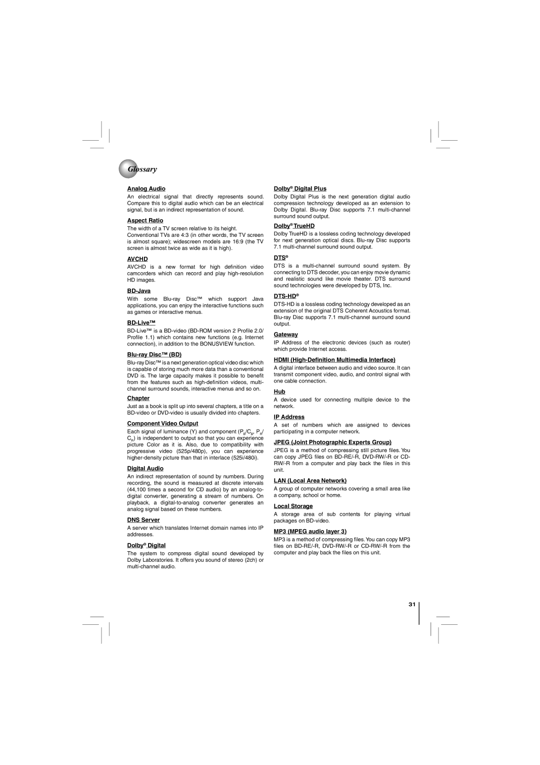 Toshiba BDK21KU, BDX2150KU owner manual Glossary 