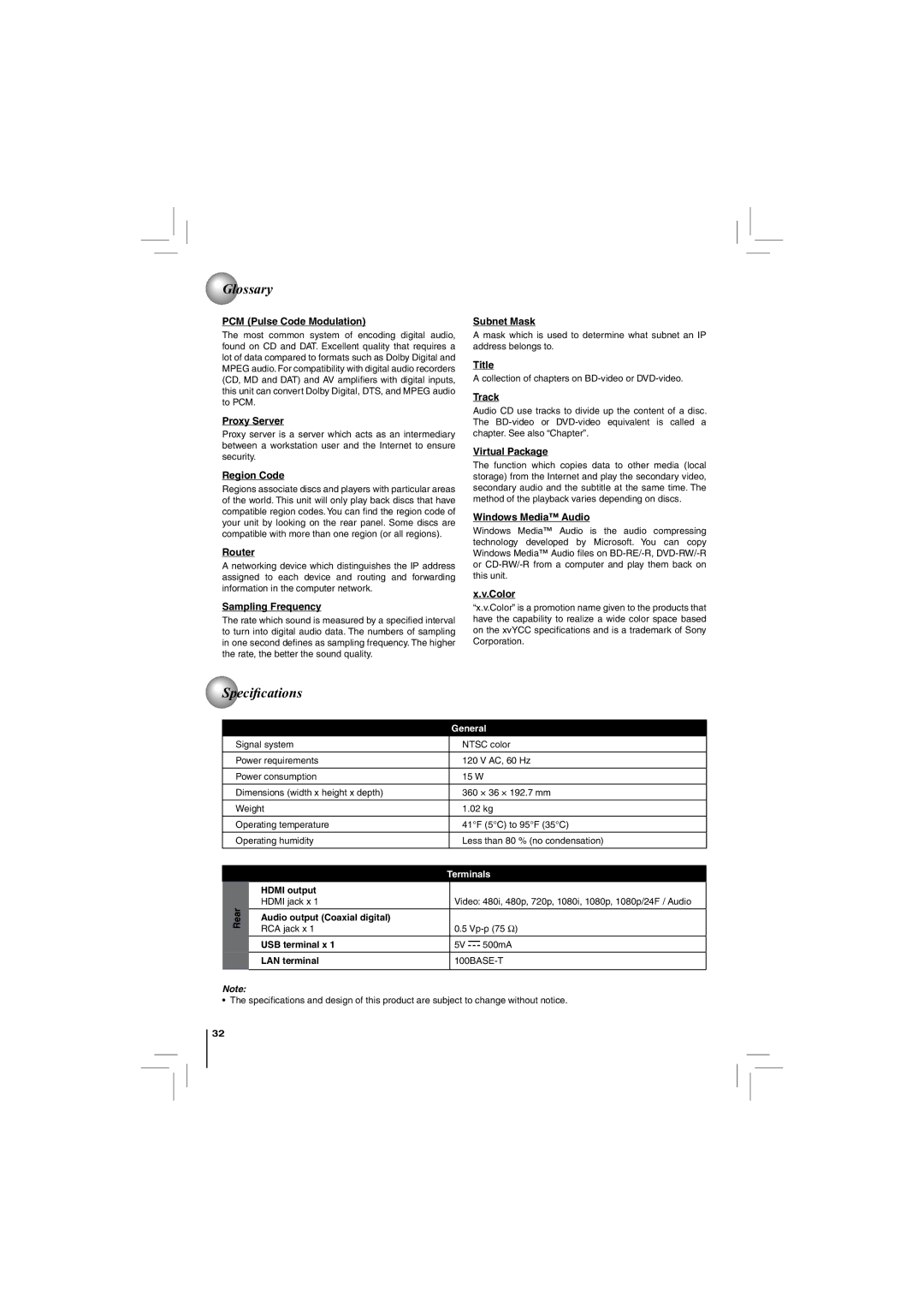 Toshiba BDX2150KU, BDK21KU owner manual Speciﬁ cations 