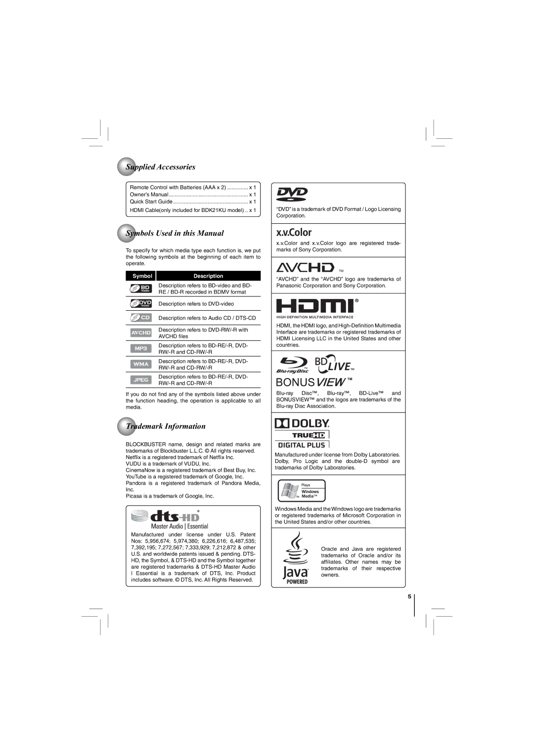 Toshiba BDK21KU, BDX2150KU owner manual Supplied Accessories, Symbols Used in this Manual, Trademark Information 