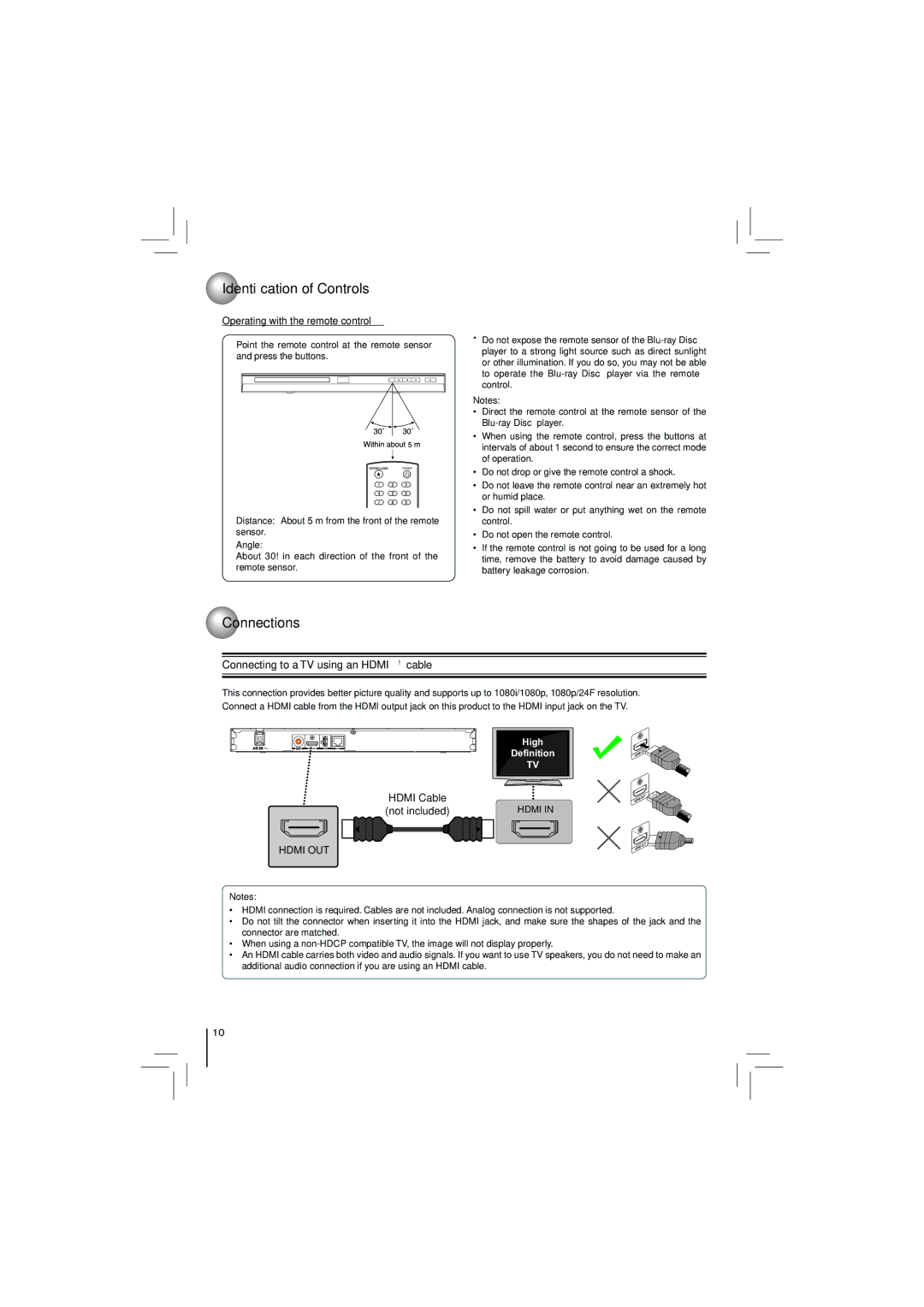 Toshiba BDX2250KU Connections, Operating with the remote control, Connecting to a TV using an Hdmi cable, Angle 