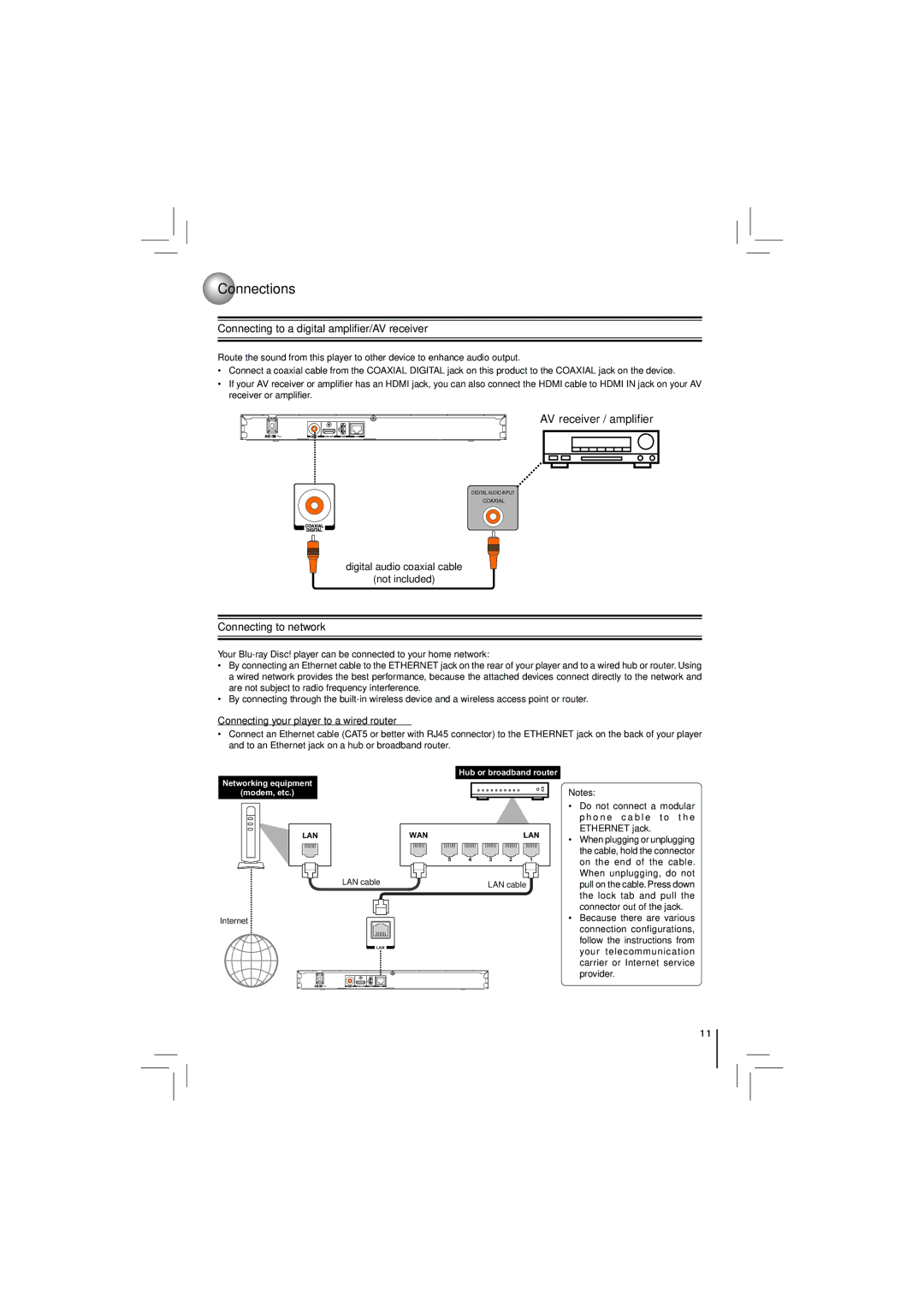 Toshiba BDX2250KU owner manual Connecting to a digital ampliﬁer/AV receiver, Connecting to network 