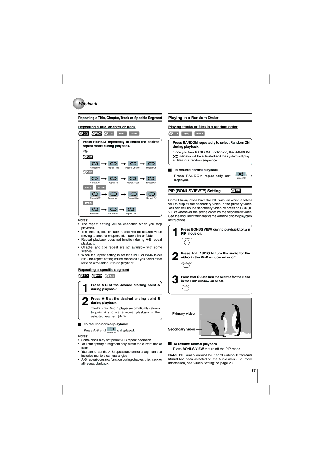 Toshiba BDX2250KU owner manual Repeating a title, chapter or track, PIP Bonusview Setting, Repeating a speciﬁc segment 