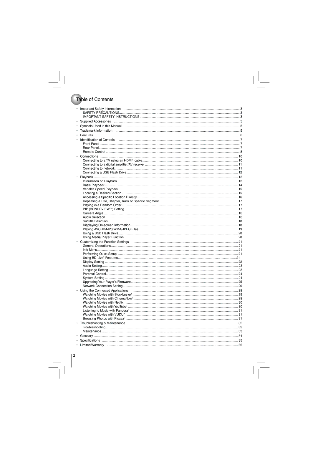 Toshiba BDX2250KU owner manual Table of Contents 