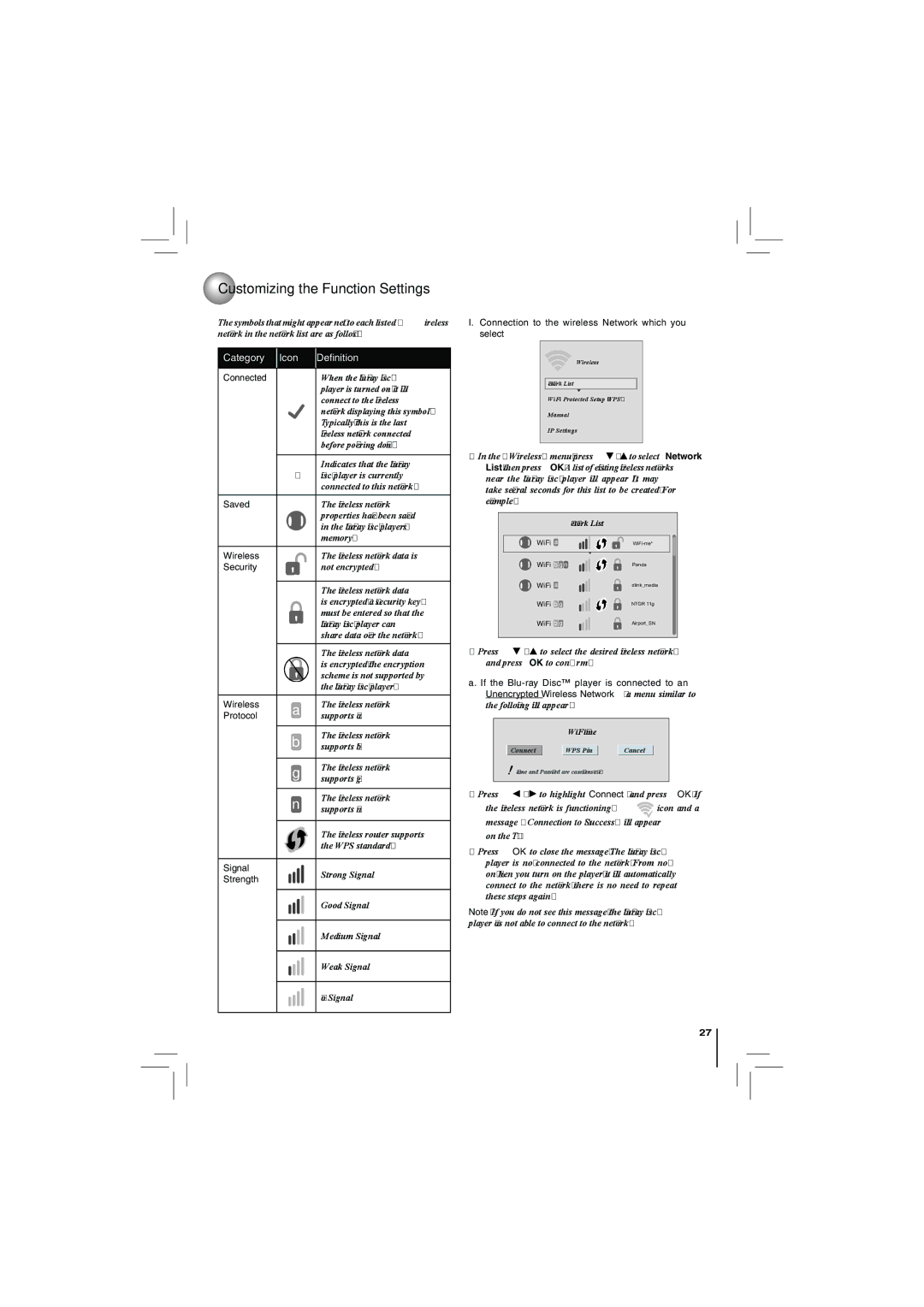 Toshiba BDX2250KU owner manual Connected, Saved, Wireless, Security, Protocol, Signal, Strength 