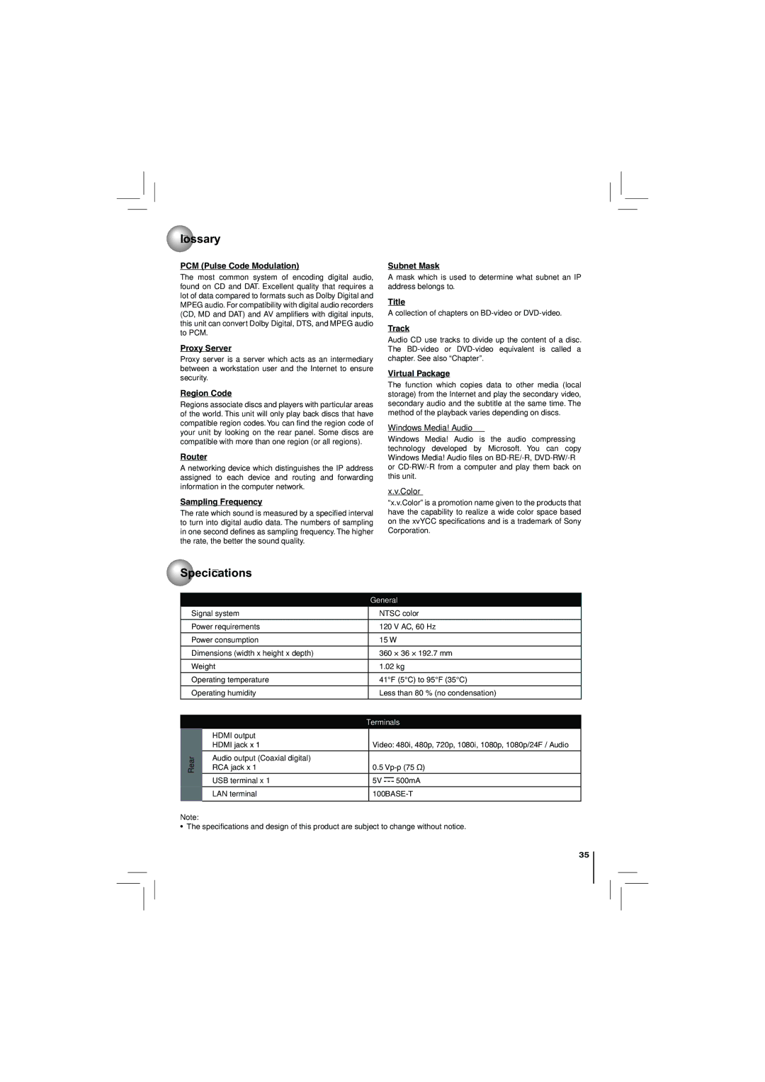 Toshiba BDX2250KU owner manual Speciﬁ cations 