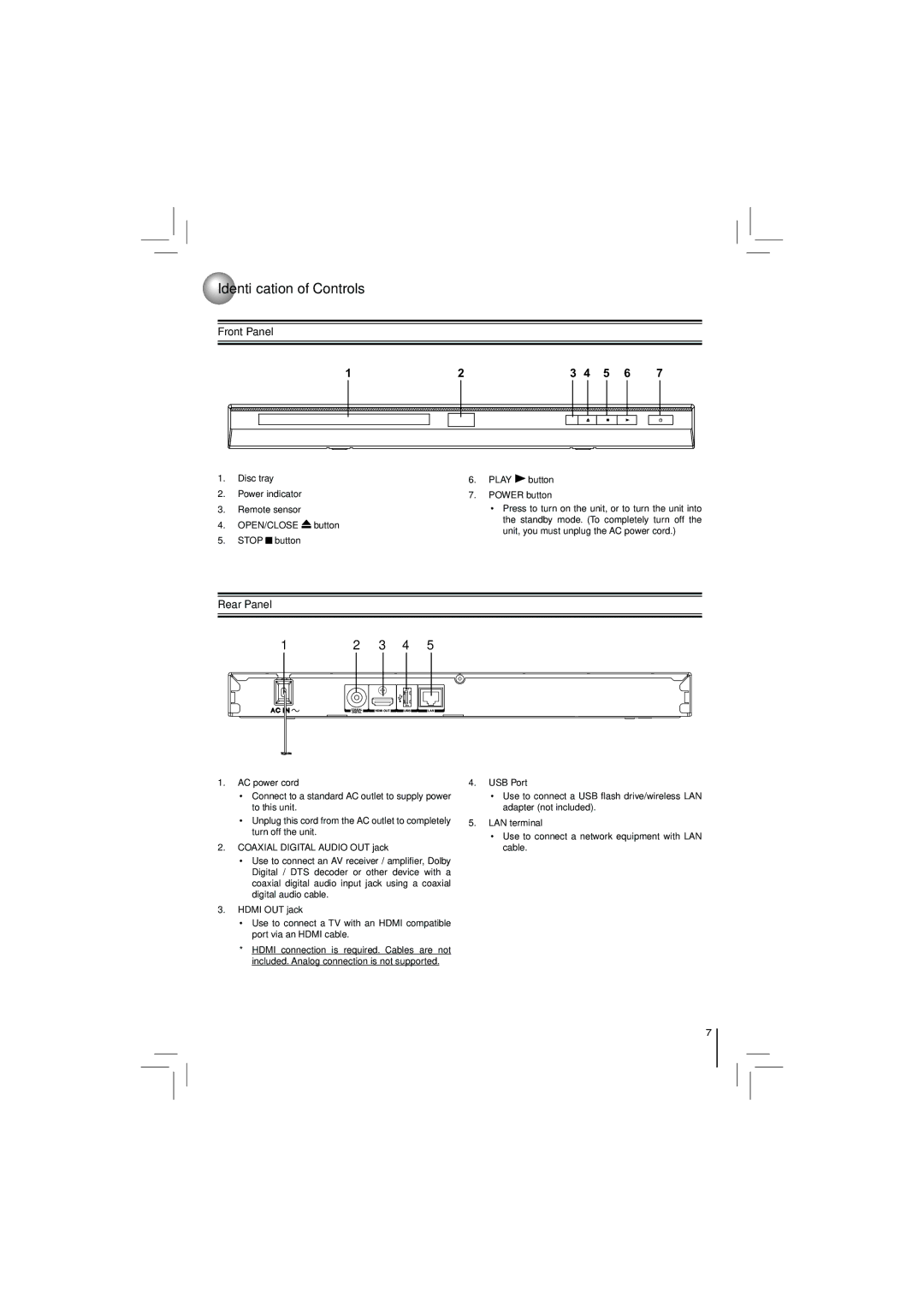 Toshiba BDX2250KU owner manual Identiﬁ cation of Controls, Front Panel, Rear Panel 