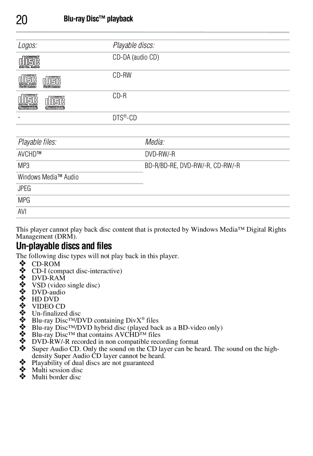 Toshiba BDX2300KC, BDX3300KC manual Un-playable discs and files, Blu-ray Disc playback, CD-DA audio CD, Windows Media Audio 