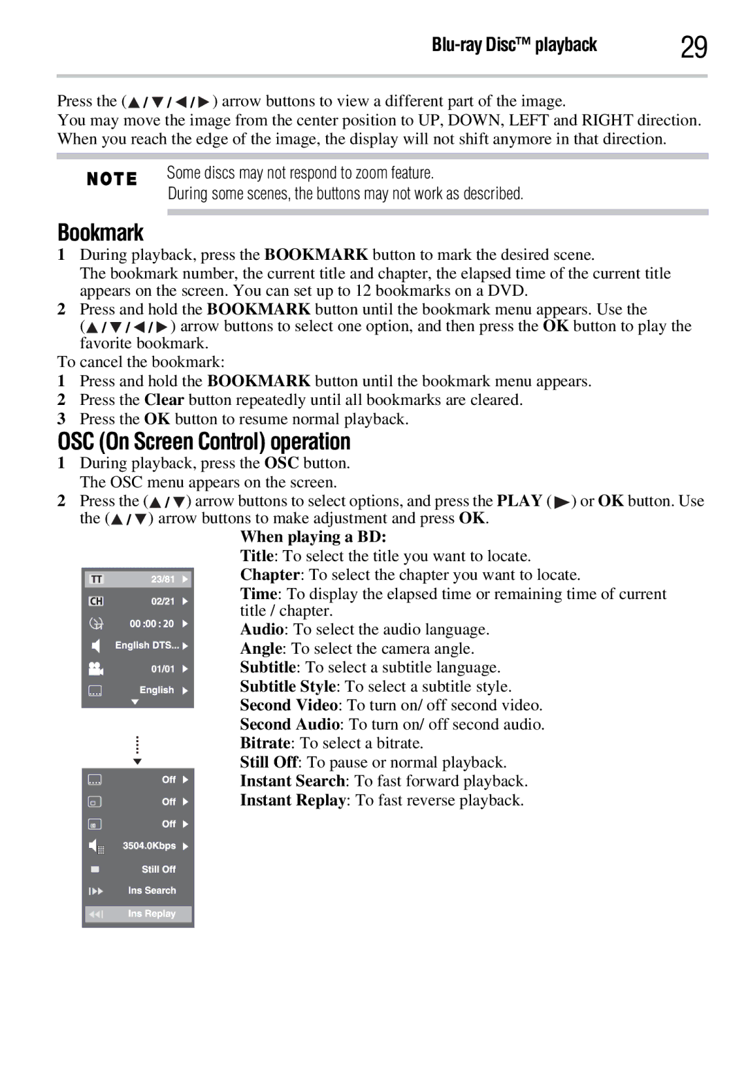 Toshiba BDX3300KC, BDX2300KC manual Bookmark, OSC On Screen Control operation, When playing a BD 