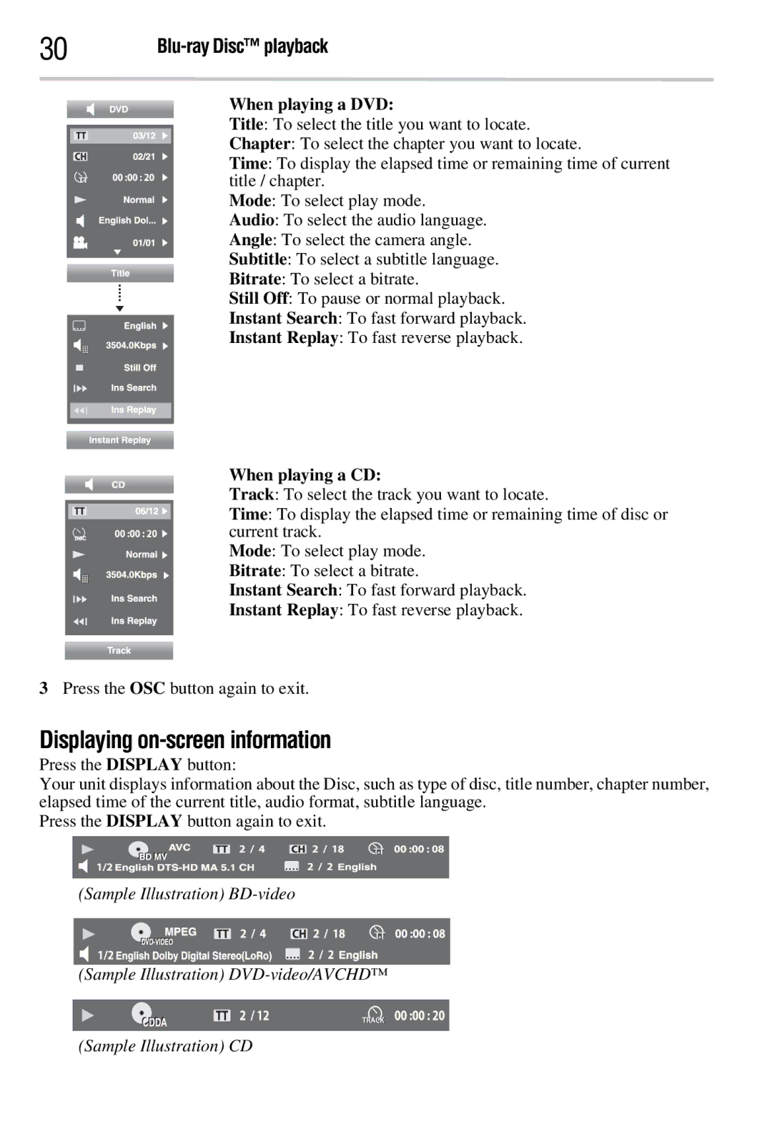 Toshiba BDX2300KC, BDX3300KC manual Displaying on-screen information, When playing a DVD, When playing a CD 